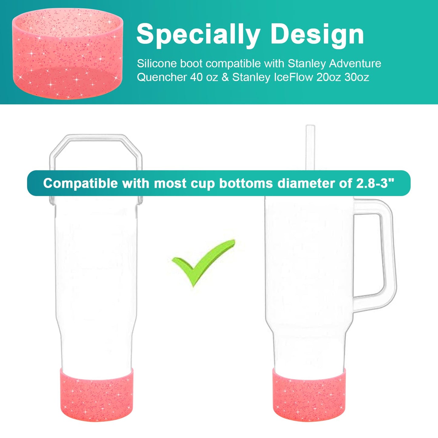 Silicone Cup Boot for 12oz - 40 oz Hydroflask &Stanley 40oz Protective Cup Bottom Sleeve Cover Compatible with Stanley Cup Accessories for All Water Bottles Bottom Diameter of 2.84-3in (Sparkle Red)