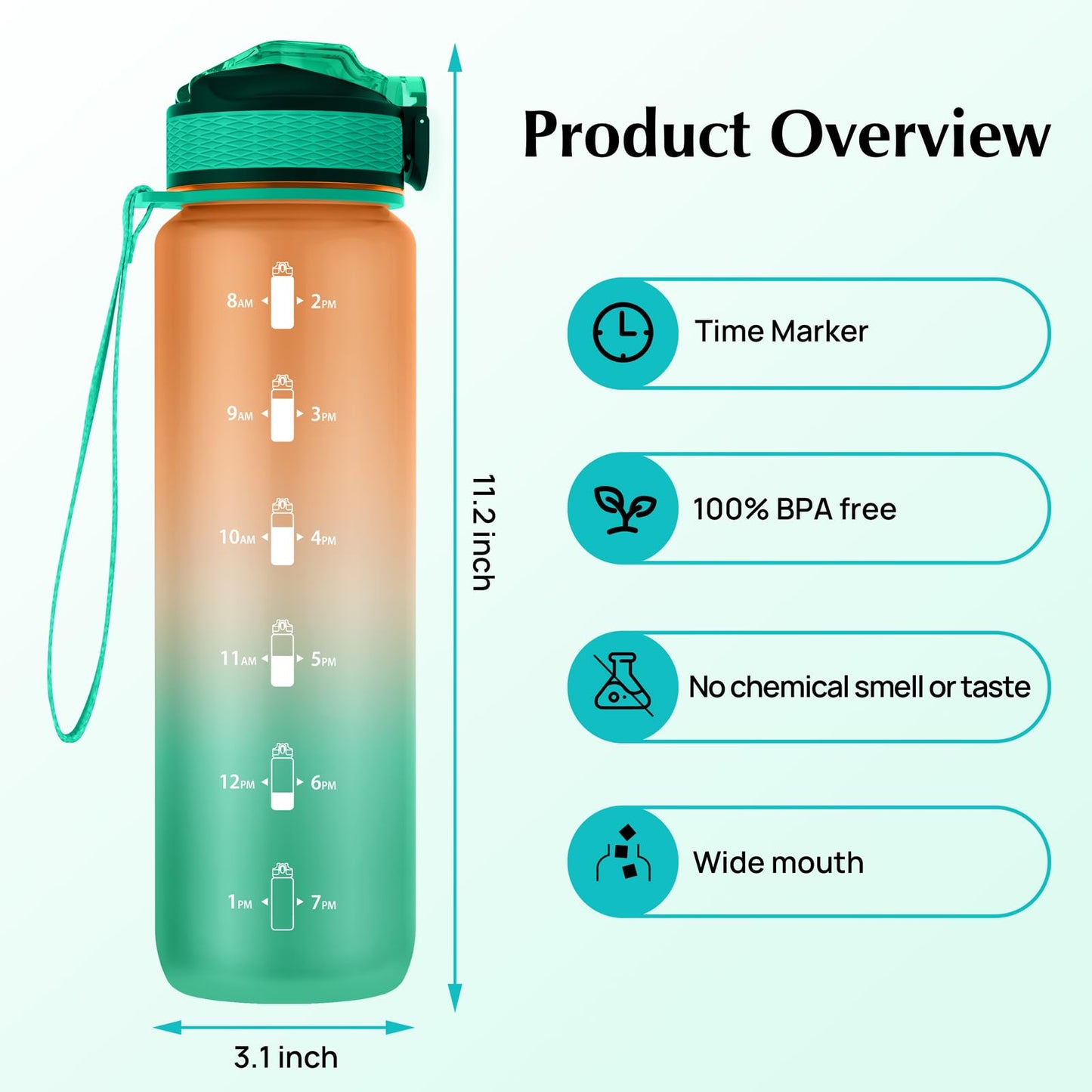 EYQ 32 oz Water Bottle with Time Marker, Carry Strap, Leak-Proof Tritan BPA-Free, Ensure You Drink Enough Water for Fitness, Gym, Camping, Outdoor Sports (Orange/Green Gradient)
