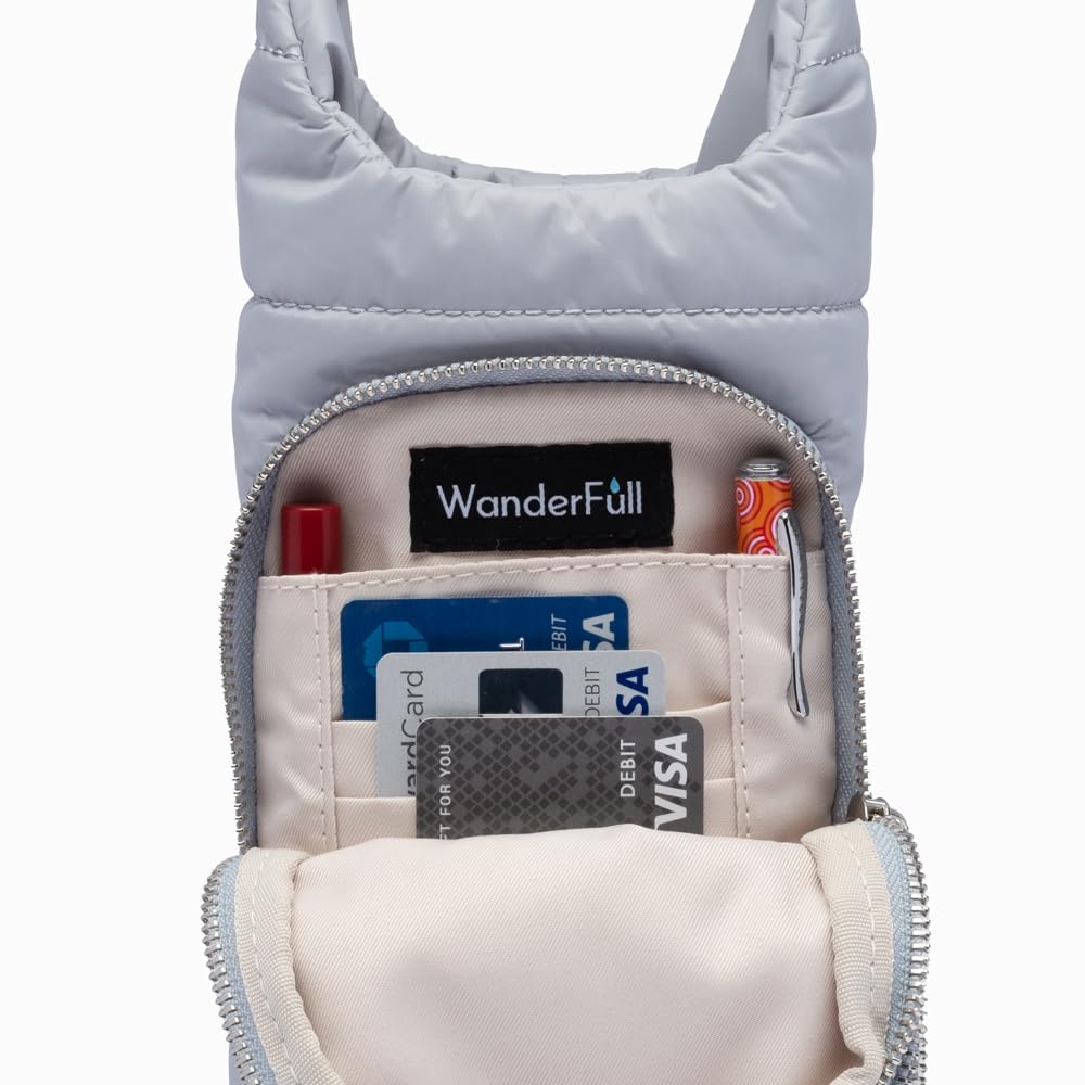 WanderFull Original Crossbody HydroBag | Quilted Water Bottle Carrier | Puffer Tote Tumbler Holder with Pockets for Purse, Phone & Accessories | Carry Travel Essentials (Grey/Patterned Strap)