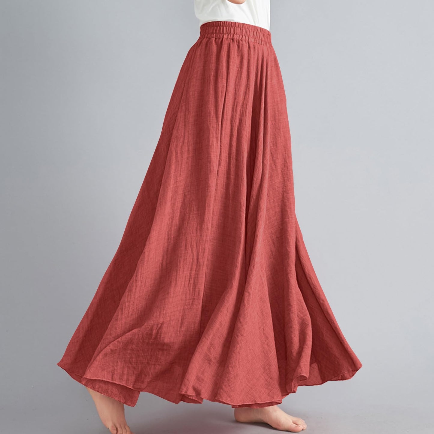 Womens Linen Maxi Skirts Summer Boho Solid Beach Elastic High Waist Pleated A-Line Flowy Swing Long Maxi Skirts
