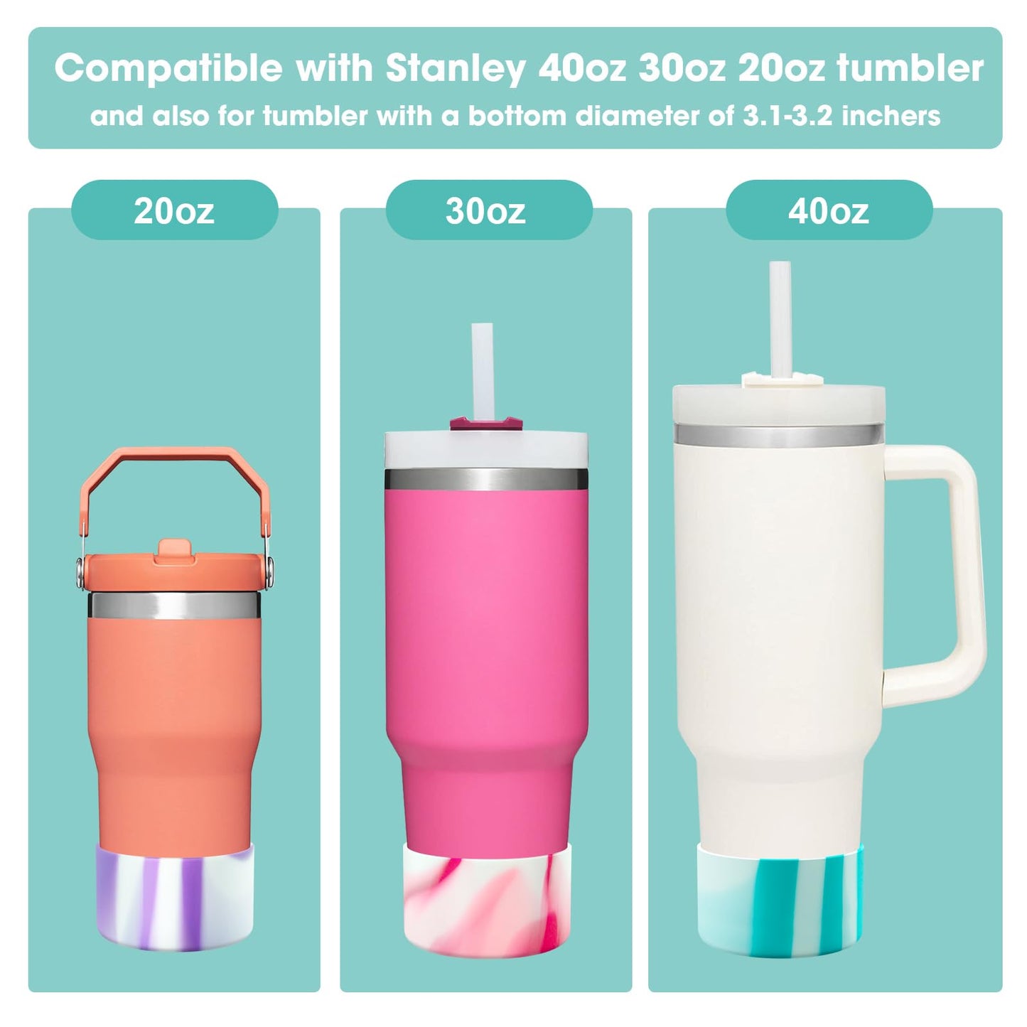 Upgrade 2PCS Protective Silicone Boot Bumper for Stanley Quencher Adventure 40oz 30oz IceFlow 20oz 30oz Tumbler, Water Bottle Bottom Sleeve Cover Accessories for Stanley Mug Cup(Cyan+White)