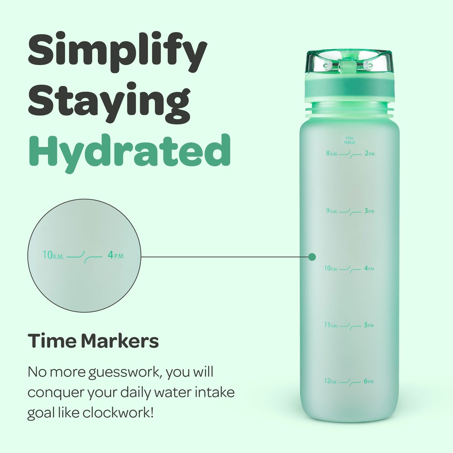 Hydracy Water Bottle with Time Marker - 500 ml 17 Oz BPA Free Water Bottle - Leak Proof & No Sweat Gym Bottle with Fruit Infuser Strainer - Ideal Gift for Fitness or Sports & Outdoors - Aqua Green