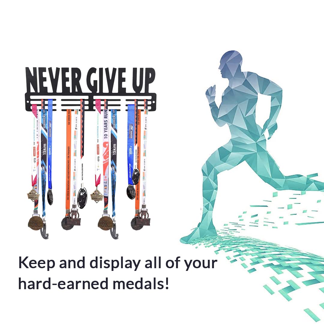 SEHAZ ARTWORKS Medal Hanger Display | Medal Holder Display | Medal Display Hanger | Medal Holder Wall (Holds Upto 30-40 Medals) NeverGiveUp Black