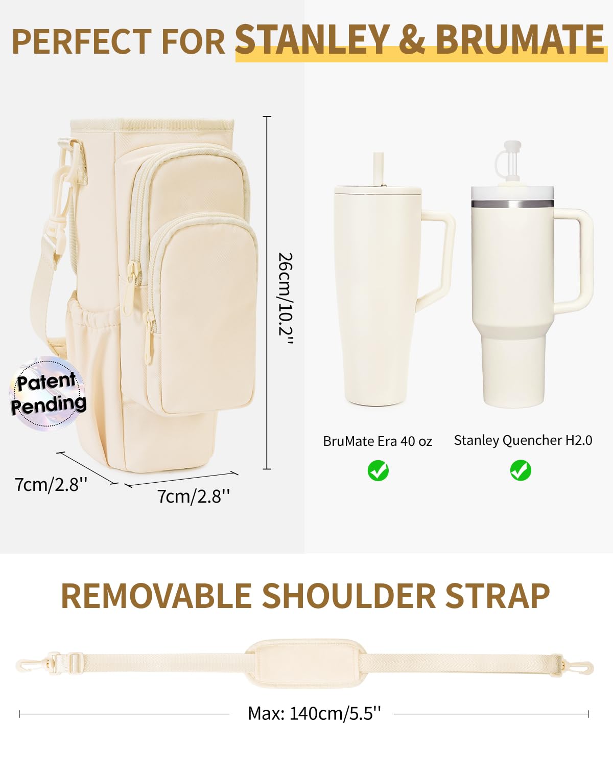 Water Bottle Carrier Bag with Phone Pocket for Stanley Brumate era 40oz Insulated Water Bottle Holder Pouch with Strap Water Bottle Bag with Straw Cover for Stanley Cup Accessories Patent Pending