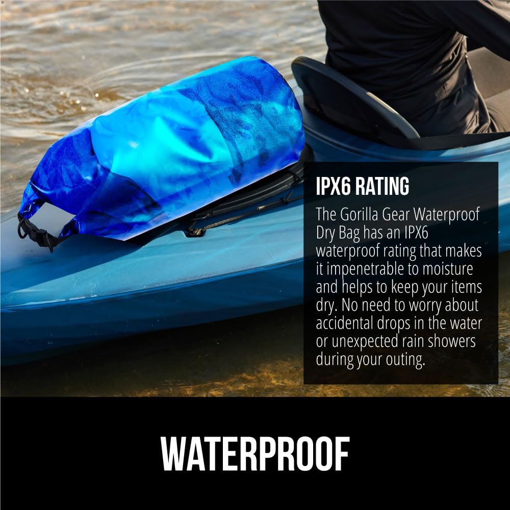 Gorilla Gear Heavy Duty 100% Waterproof IPX 6 Dry Bag, Tear and Puncture Resistant Bags, Kayaking Boating Hiking Camping Swimming Water Sports, Lightweight Outdoor Wet Storage Backpack, 5L Clear Blue