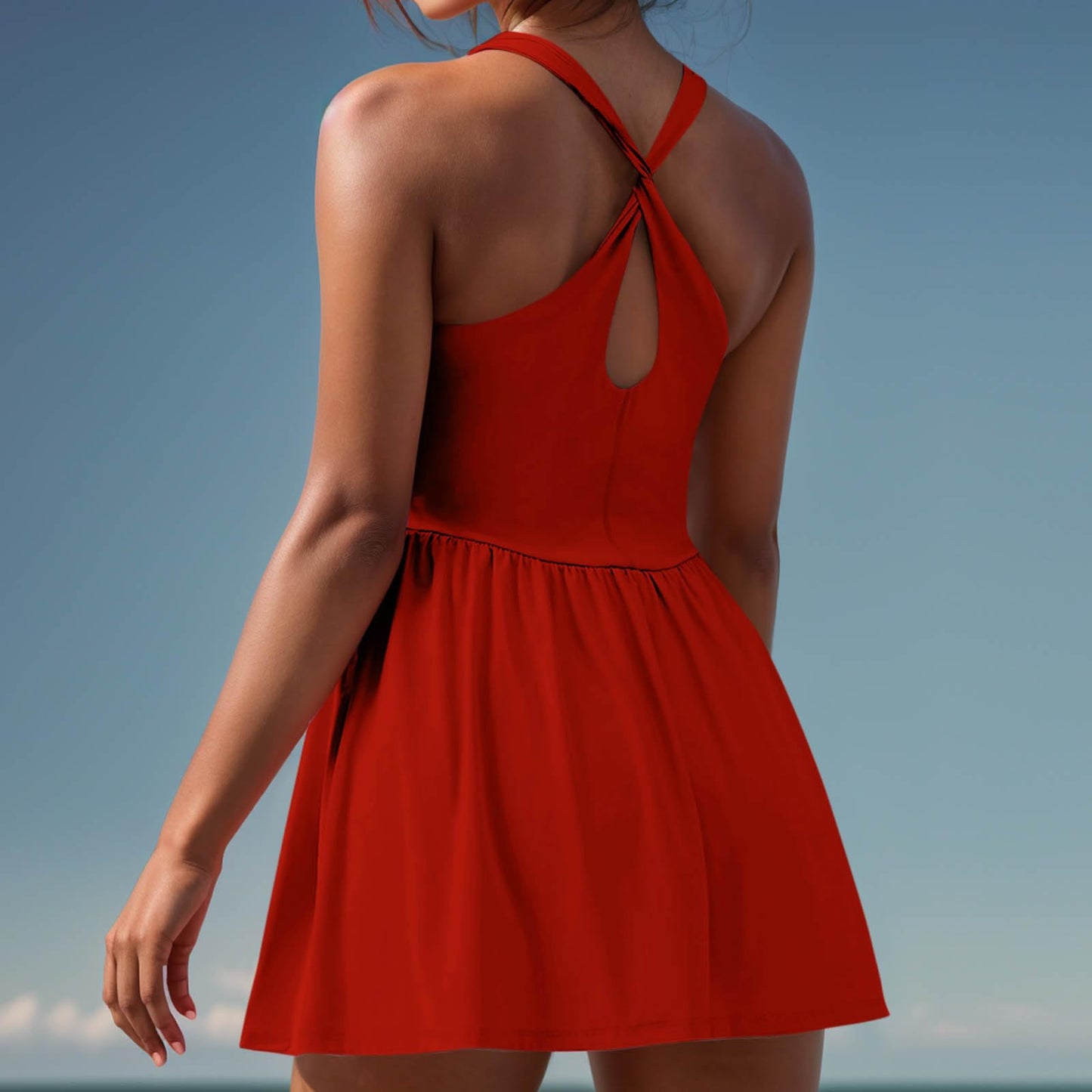 Women's Summer Athletic Tennis Dress with Built in Shorts and Bra Square Neck Workout Exercise Active Golf Dresses Casual Summer Sleeveless Tennis Dresses for Women with Pockets Red
