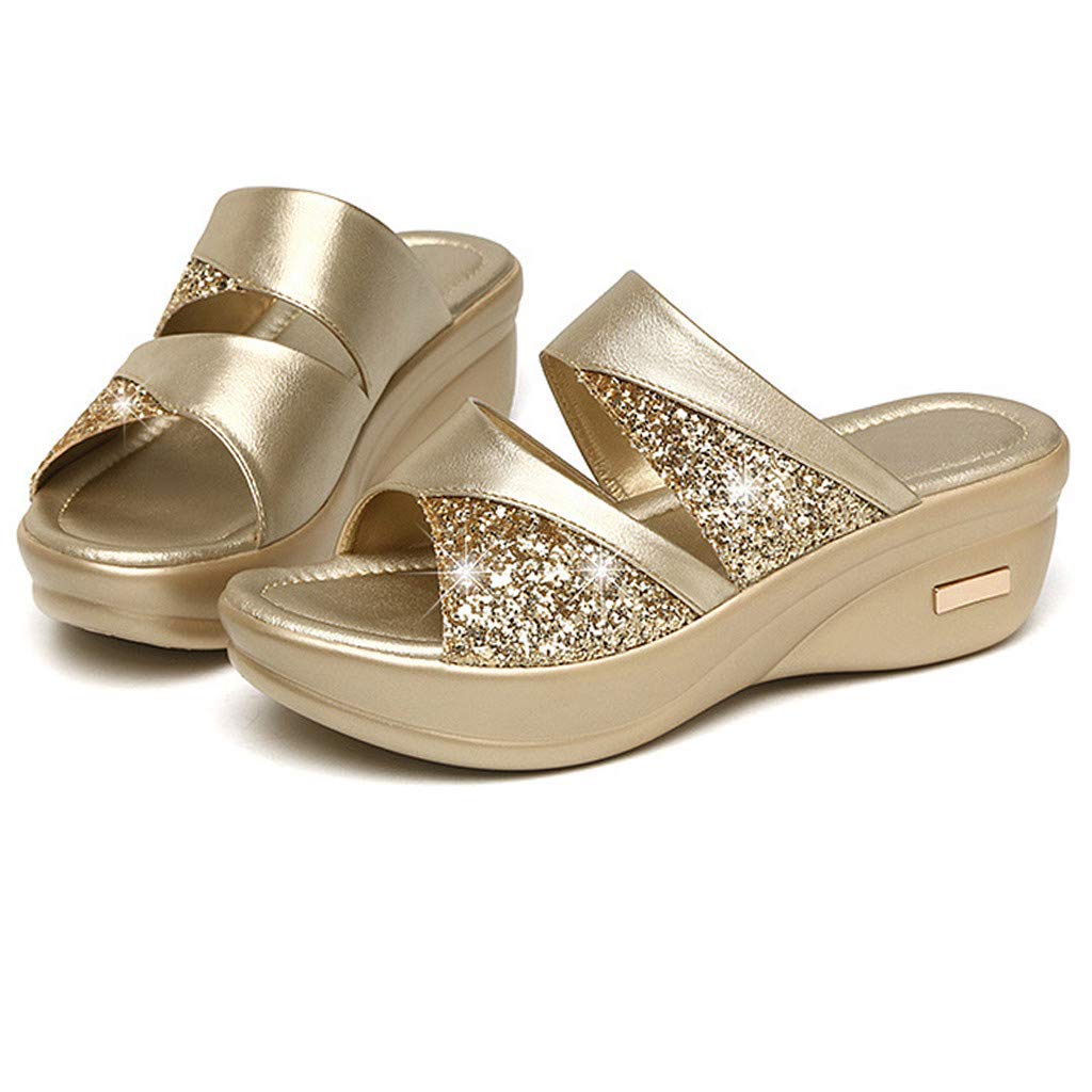 Shengsospp Women's Open Toe Buckle Ankle Strap Platform Wedge Sandals Backless Slip On Platform Slides Dress Shoes with Adjustable Buckle 06_Gold, 5.5