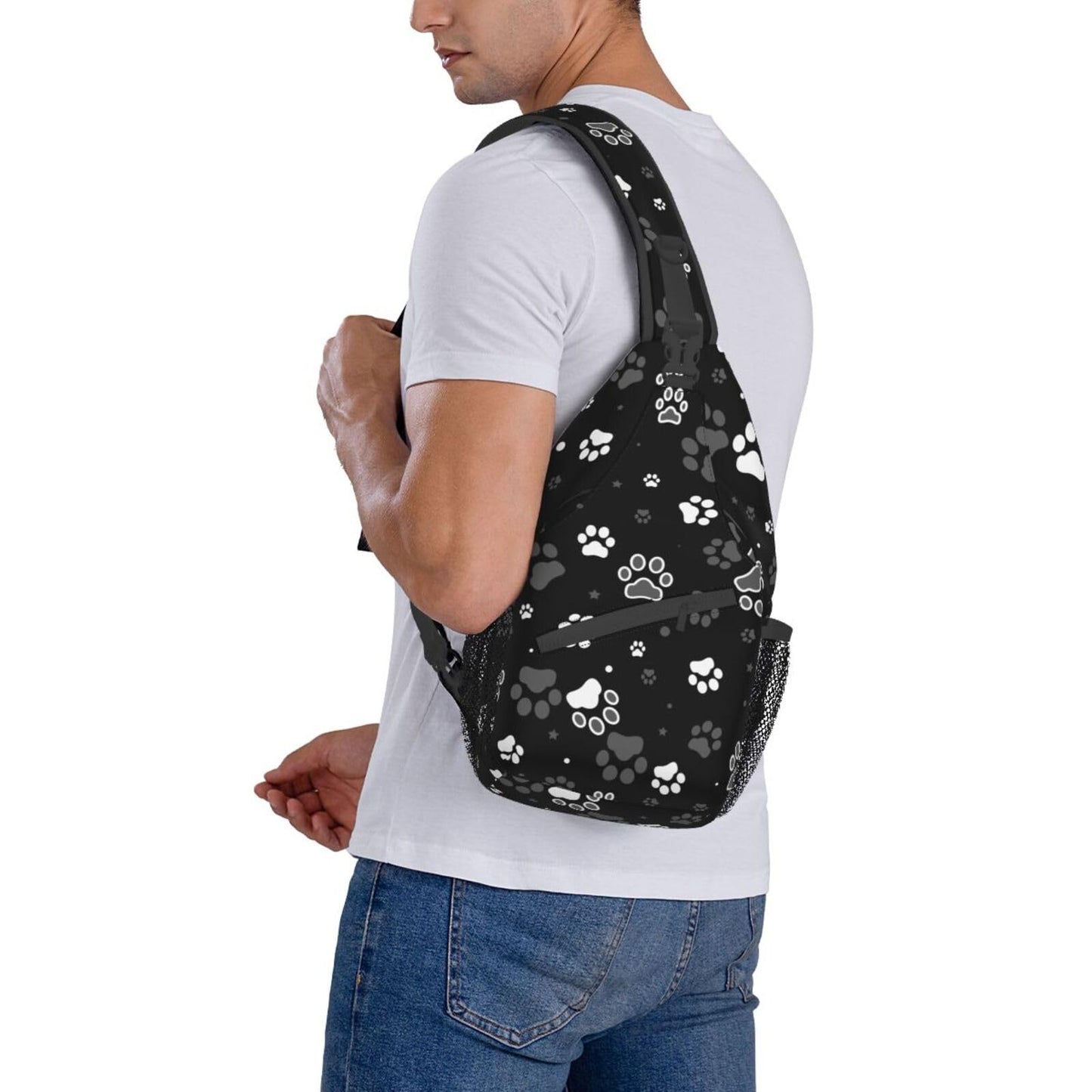 NISENASU Paw Print Sling Bag Crossbody Backpack,Dog Paw Print and Star on Black Background Chest Bag Adjustable Casual Shoulder Backpack Cute Animal Footprint Travel Hiking Daypack