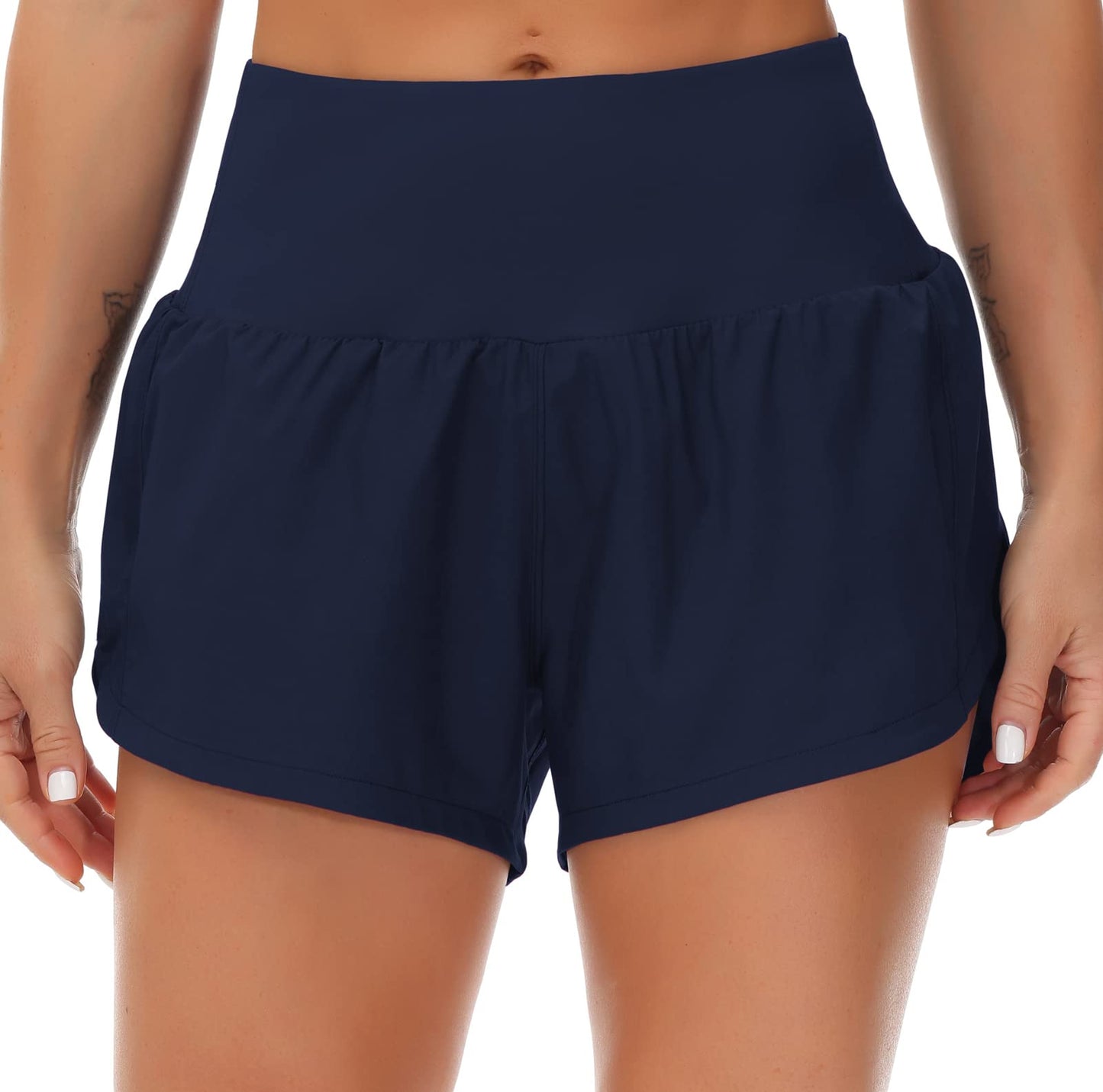 THE GYM PEOPLE Womens High Waisted Running Shorts Quick Dry Athletic Workout Shorts with Mesh Liner Zipper Pockets (Blue, X-Small)