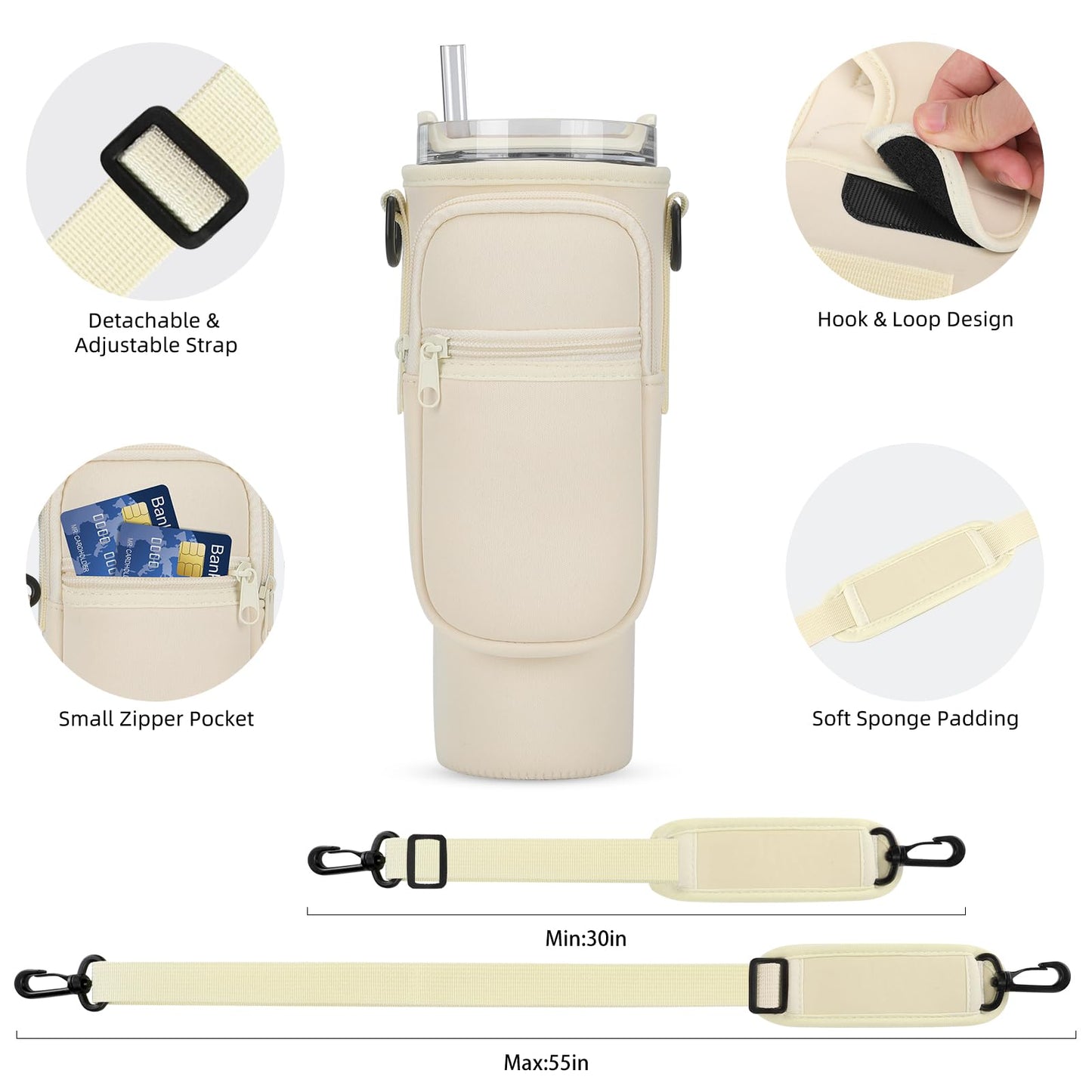 GOEWY Water Bottle Carrier Bag for Stanley 30oz Tumbler with Phone Pocket Water Bottle Holder with Strap Neoprene Water Bottle Pouch for Stanley Cup Accessories
