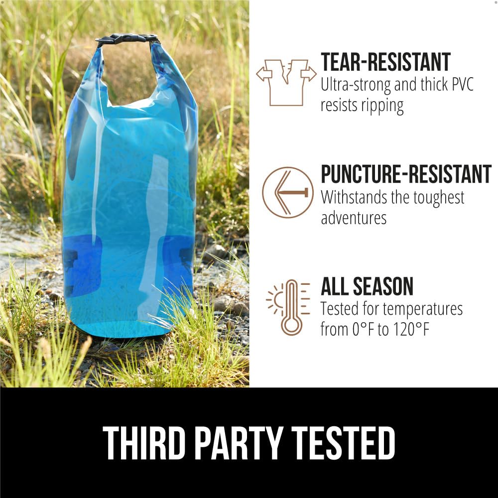 Gorilla Gear Heavy Duty 100% Waterproof IPX 6 Dry Bag, Tear and Puncture Resistant Bags, Kayaking Boating Hiking Camping Swimming Water Sports, Lightweight Outdoor Wet Storage Backpack, 5L Clear Blue