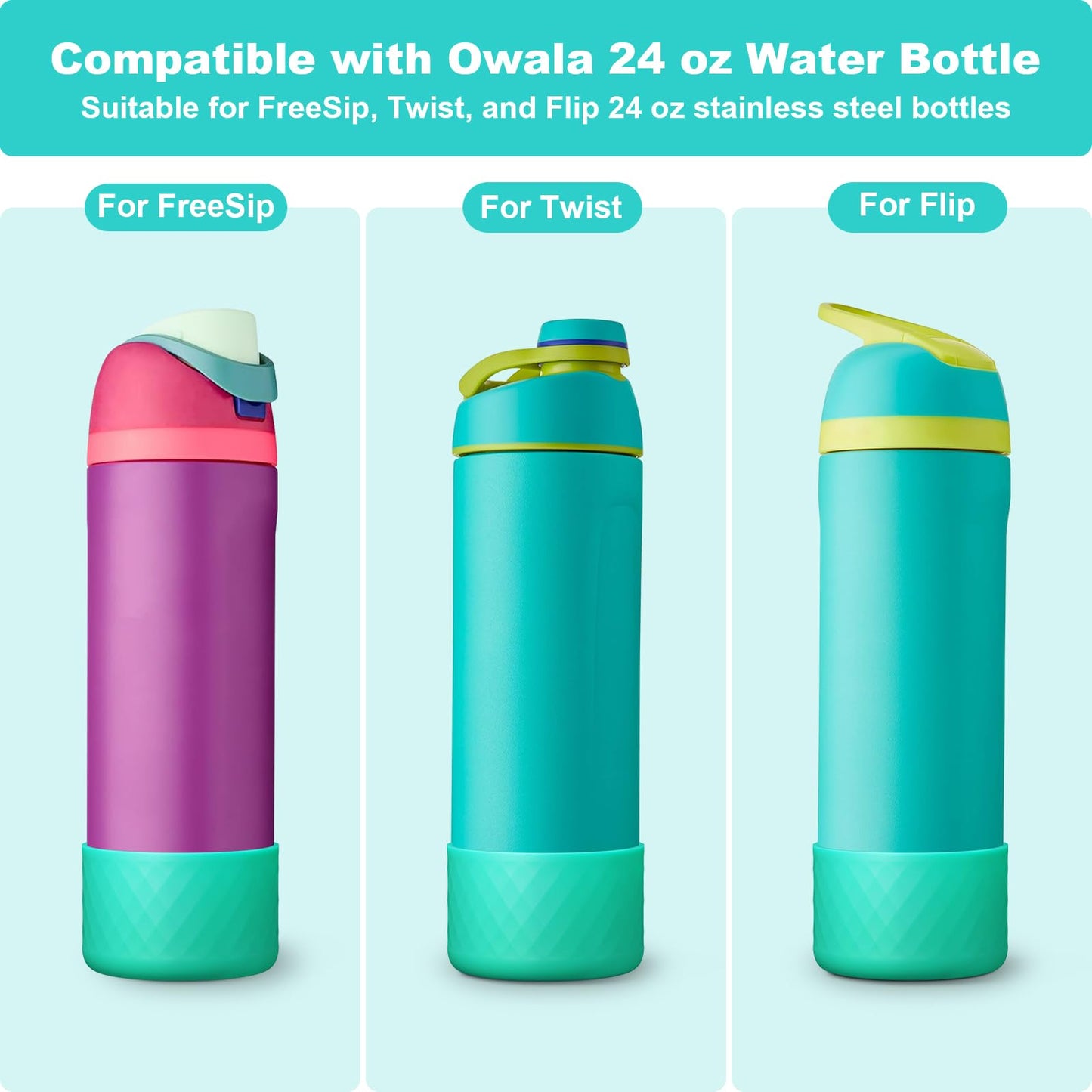Alwenid 2PCS Silicone Water Bottle Boot for Owala 24 Oz, Anti-Slip Protective Sleeve Bottom Bumper Protector for FreeSip, Twist, and Flip Stainless Steel Water Bottles (Cyan)