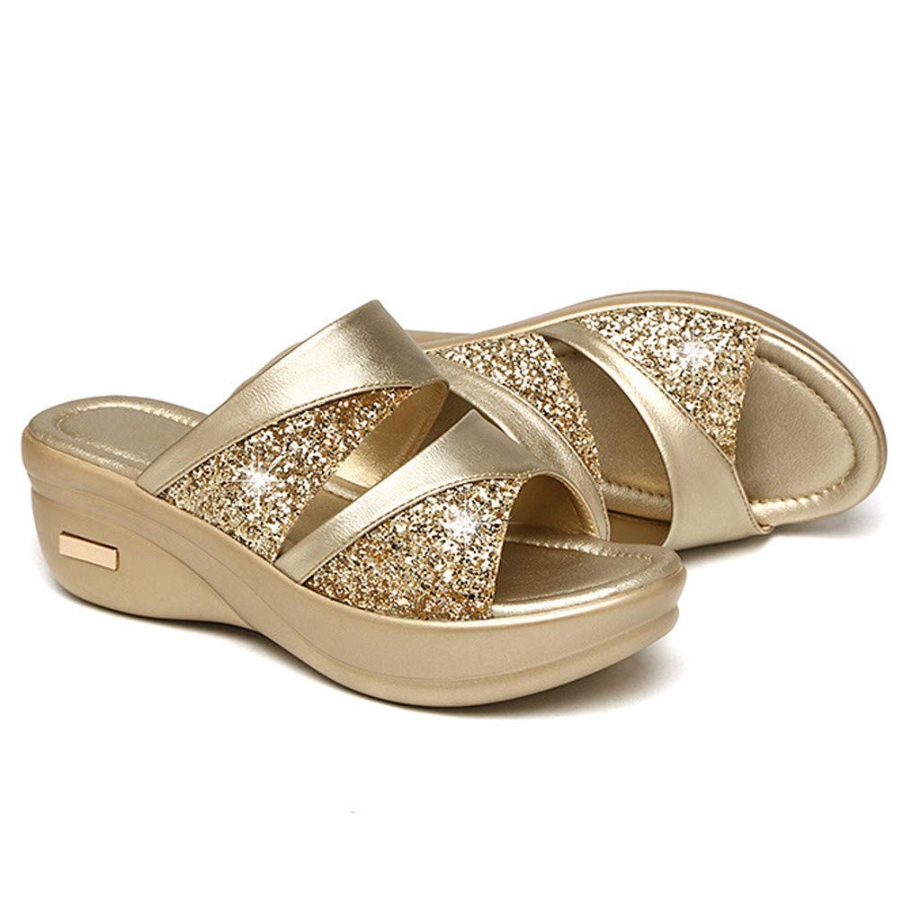 Shengsospp Women's Open Toe Buckle Ankle Strap Platform Wedge Sandals Backless Slip On Platform Slides Dress Shoes with Adjustable Buckle 06_Gold, 5.5