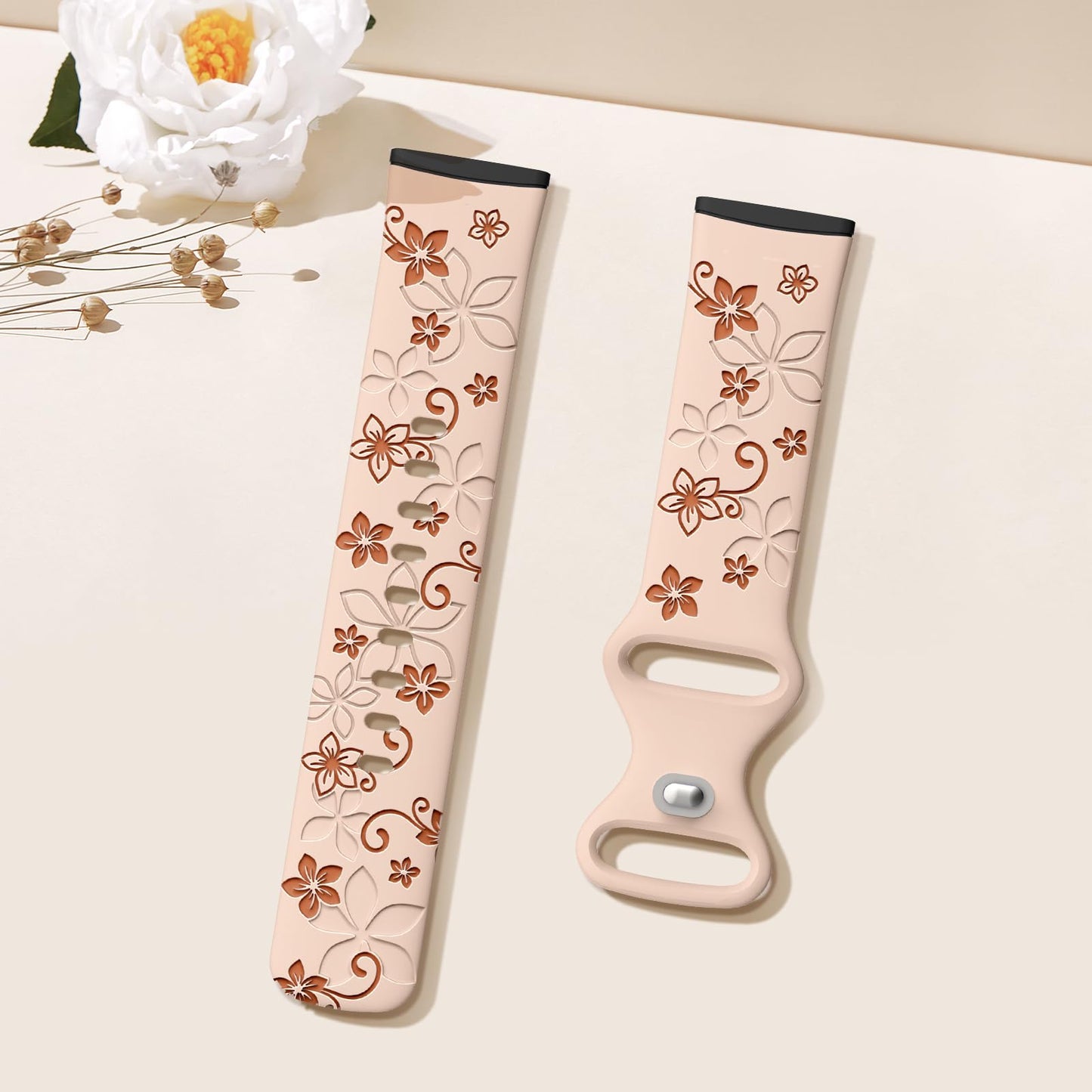 OHOTLOVE Floral Engraved Bands Compatible for Fitbit Sense Bands/Fitbit Versa 3 Bands Women/Fitbit Versa 4 Bands/Sense 2 Bands,Soft Cute Two-Tone Flower Sport Watch Strap Replacement Wristbands.D