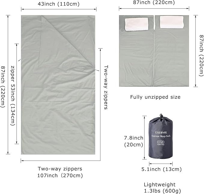 100% Cotton Sleeping Bag Liner with Full Length Zipper on 3 Sides; Single/Double Adult Sleep Sack for Travel & Camping, Multifunctional Travel Sheets (Unzipped 87”x87”) for Hotel, Lightweight