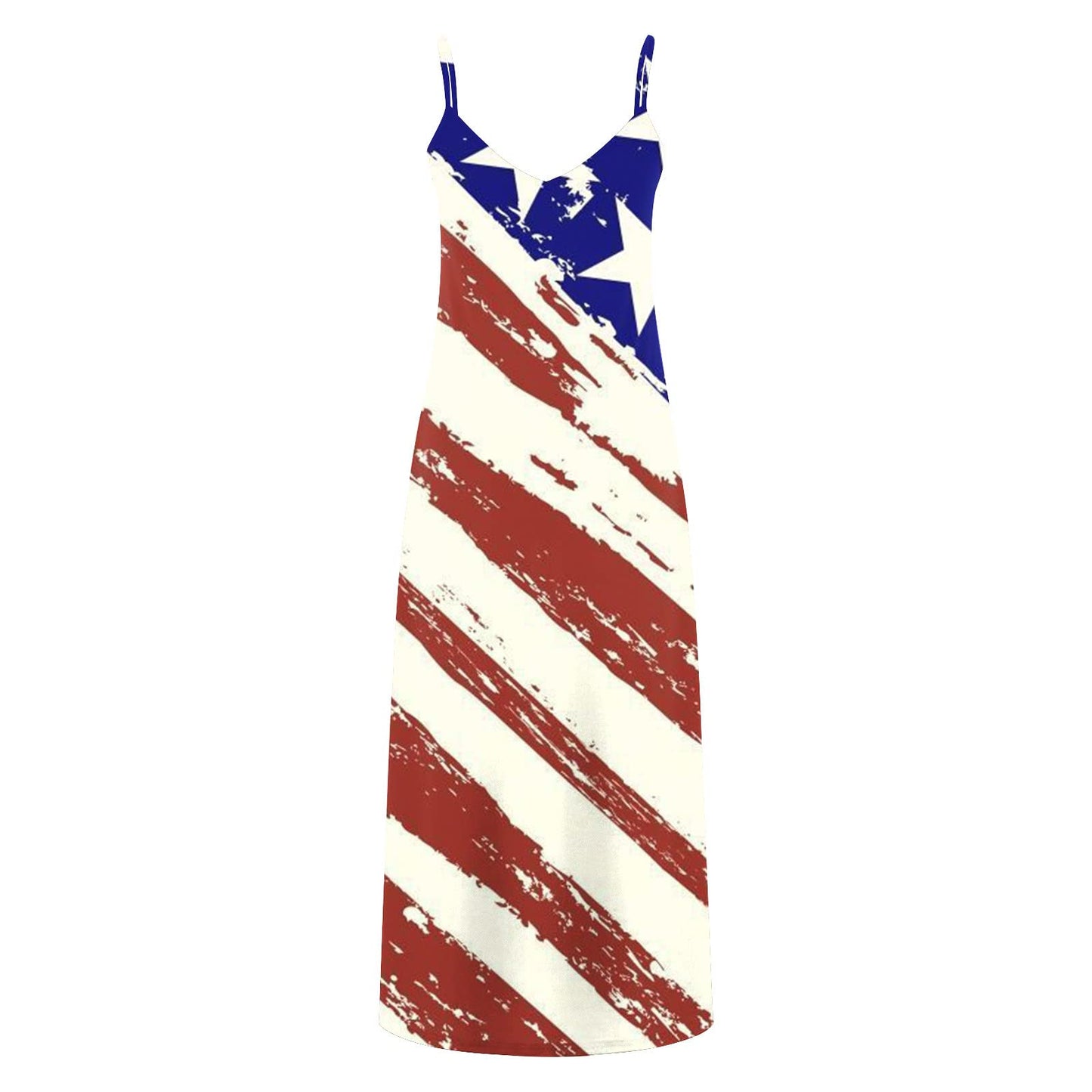 hlysgo Patriotic Dress for Women 2024 Trendy Stars Stripes Print Sleeveless V Neck Maxi Dresses 4th of July Vacation Dress