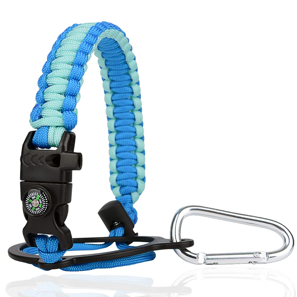 WEREWOLVES Paracord Handle - Fits Wide Mouth Bottles 12oz to 64oz - Durable Carrier, Paracord Carrier Strap Cord with Safety Ring,Compass and Carabiner - Ideal Water Bottle Handle Strap (Ocean)