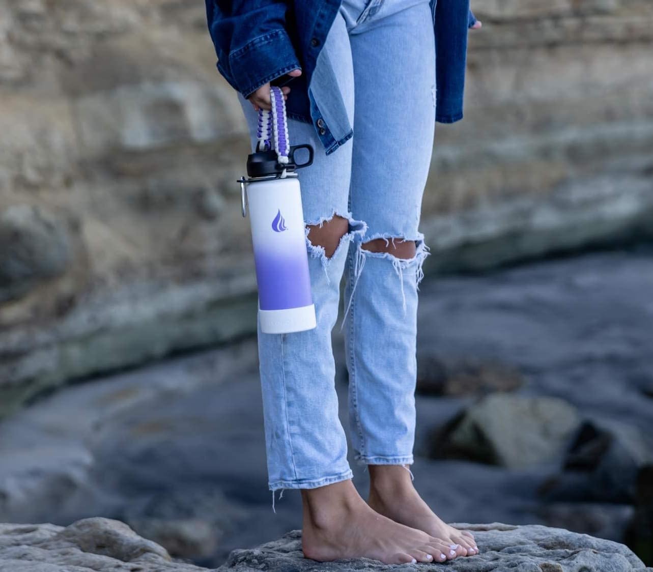HYDRO CELL Paracord Handle for Wide Mouth Water Bottles - Carrier Strap w/Attachment Ring and Carabiner Accessory. Compatible w/ 64oz, 40oz 32oz, 24oz, 18oz, 14oz Insulated Bottles (Lavender/White)