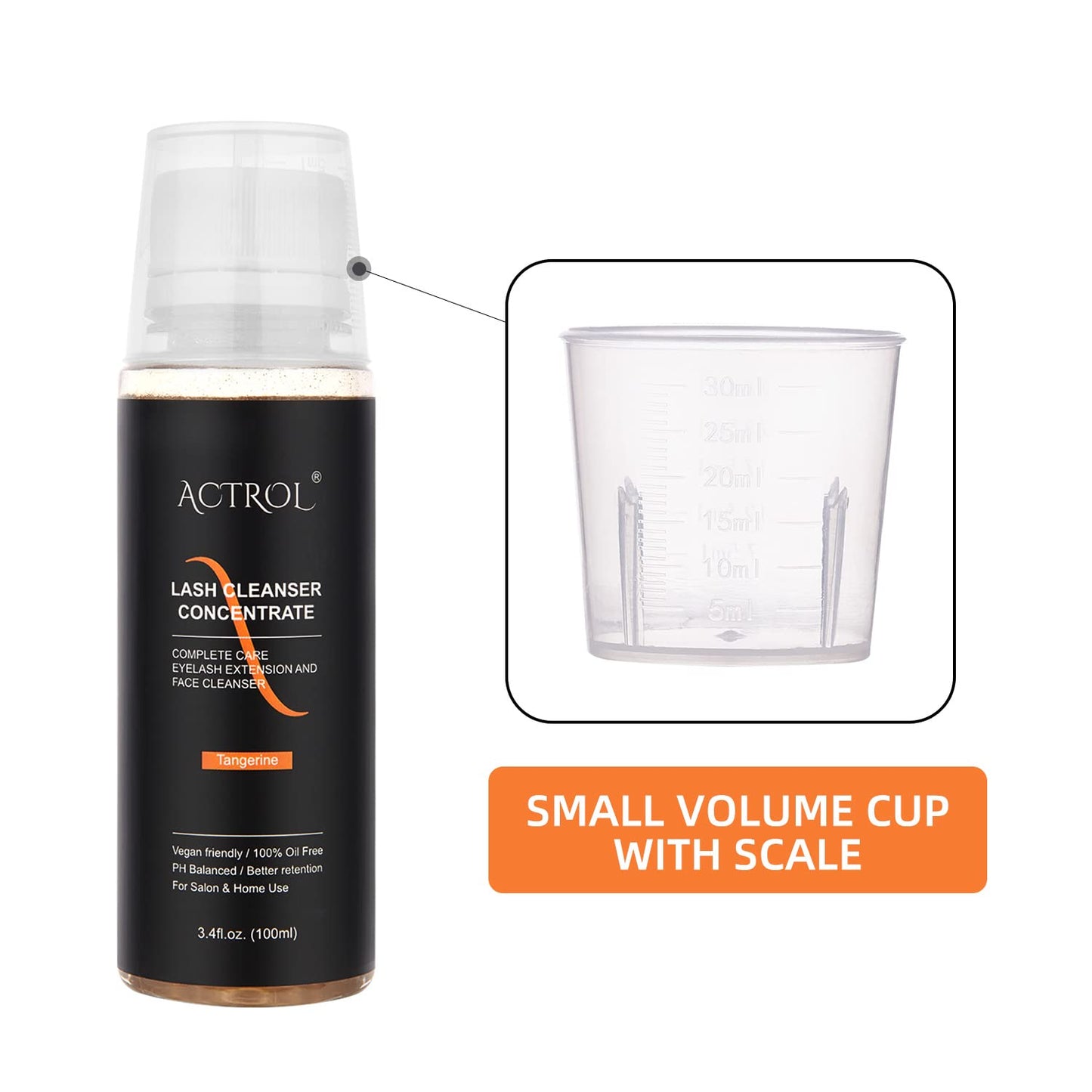 ACTROL Eyelash Cleanser Concentrate 100ml Tangerine Professional Lash Shampoo Foaming Cleanser Paraben & Sulfate Free Non-lrritating Wash for Extensions Lashes with Salon Home Care-Makes 20 Bottles