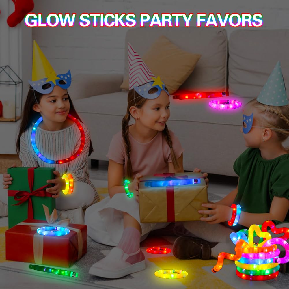 24 pcs Glow Sticks Camping Essentials for Kids, LED Light Up Pop Tubes/Bracelet Party Favors for Kids,Glow in The Dark Party Supplies,Halloween Birthday Gifts Xmas Stocking Goodie Bags Stuffers