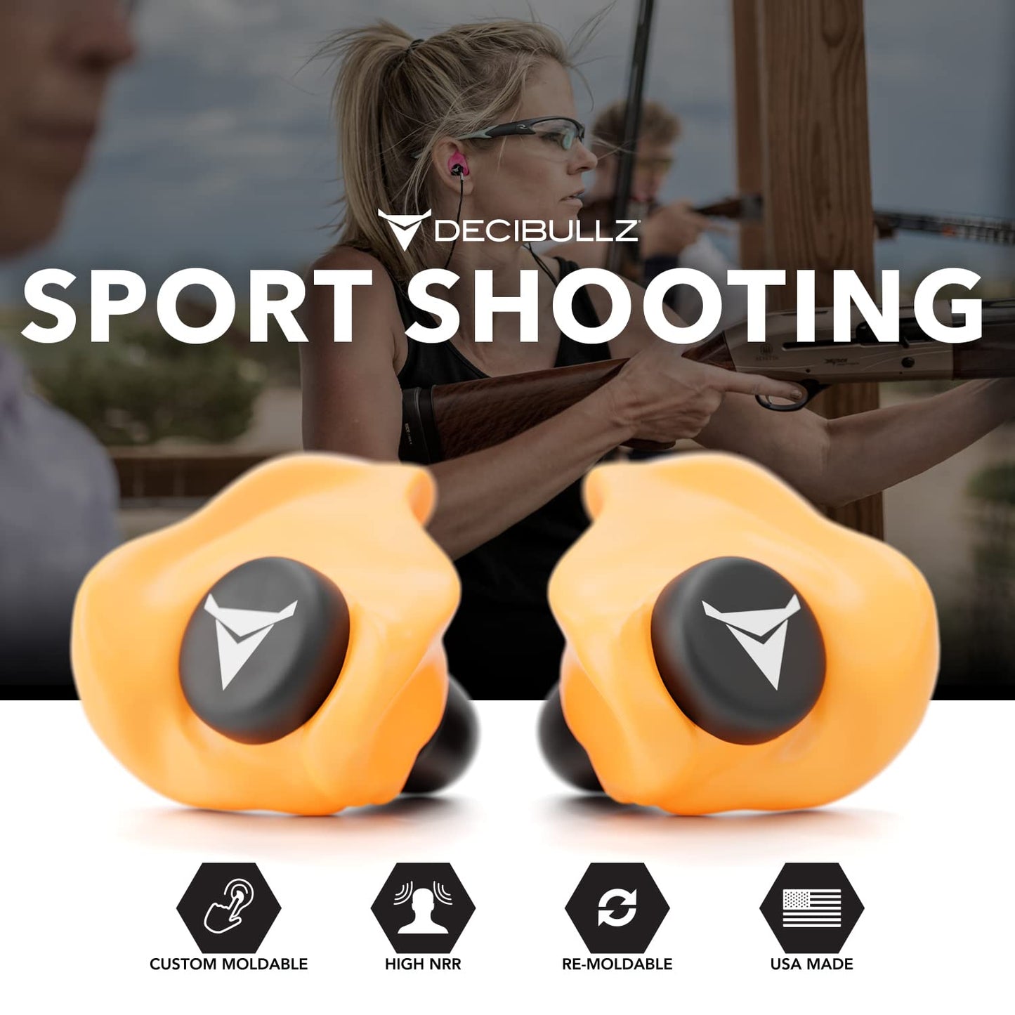 Decibullz - Custom Molded Earplugs, 31dB Highest NRR, Comfortable Hearing Protection for Shooting, Travel, Swimming, Work and Concerts (Orange)