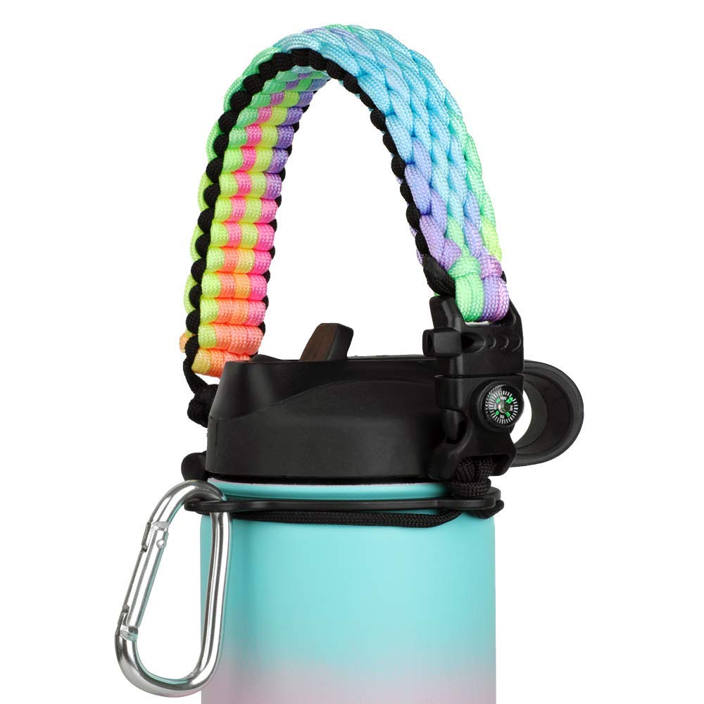 Paracord Handle - Fits Wide Mouth Bottles 12oz to 64oz - Durable Carrier, Paracord Carrier Strap Cord with Safety Ring,Compass and Carabiner - Ideal Water Bottle Handle Strap (Hawaiian Rainbow)