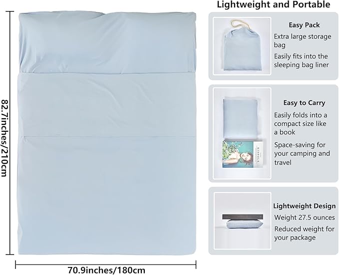 Sleeping Bag Liner Camping Adult Sleep Sack Lightweight Travel Sheet for Hotel Bed Compact Ultralight Essential Cleaning Supplies Kit Travel Bedding Set for Backpacking