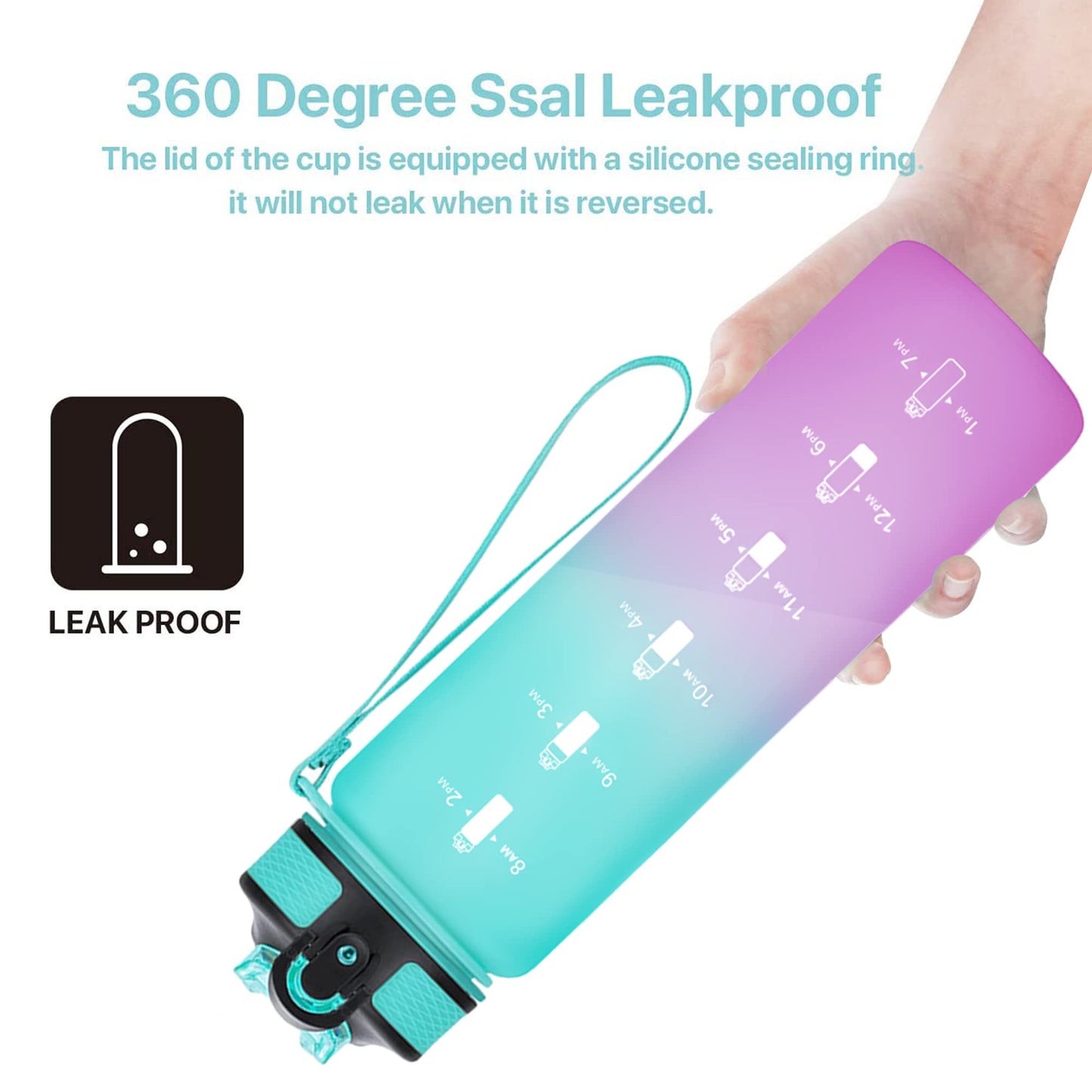 EYQ 32 oz Water Bottle with Time Marker, Carry Strap, Leak-Proof Tritan BPA-Free, Ensure You Drink Enough Water for Fitness, Gym, Camping, Outdoor Sports(Green/Purple Gradient)