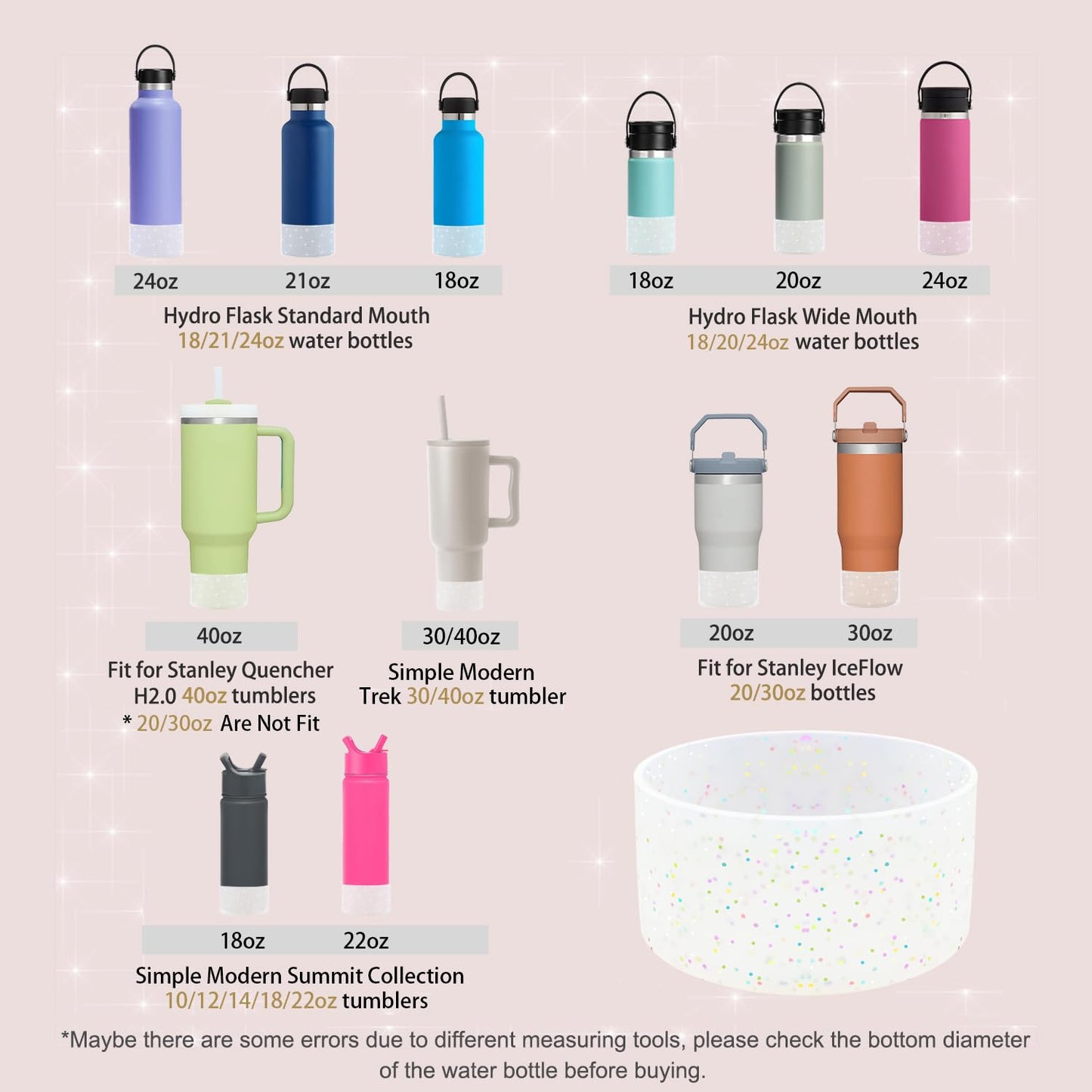 WORBSS Glitter Silicone Boot Sleeve for Stanley Cup H2.0 40oz Accessories & Hydro Flask 18-24oz 2.85-3.0 inch Tumbler Wide Mouth Water Bottle Protector Bottom Sleeve Cover Bumper Best Gifts