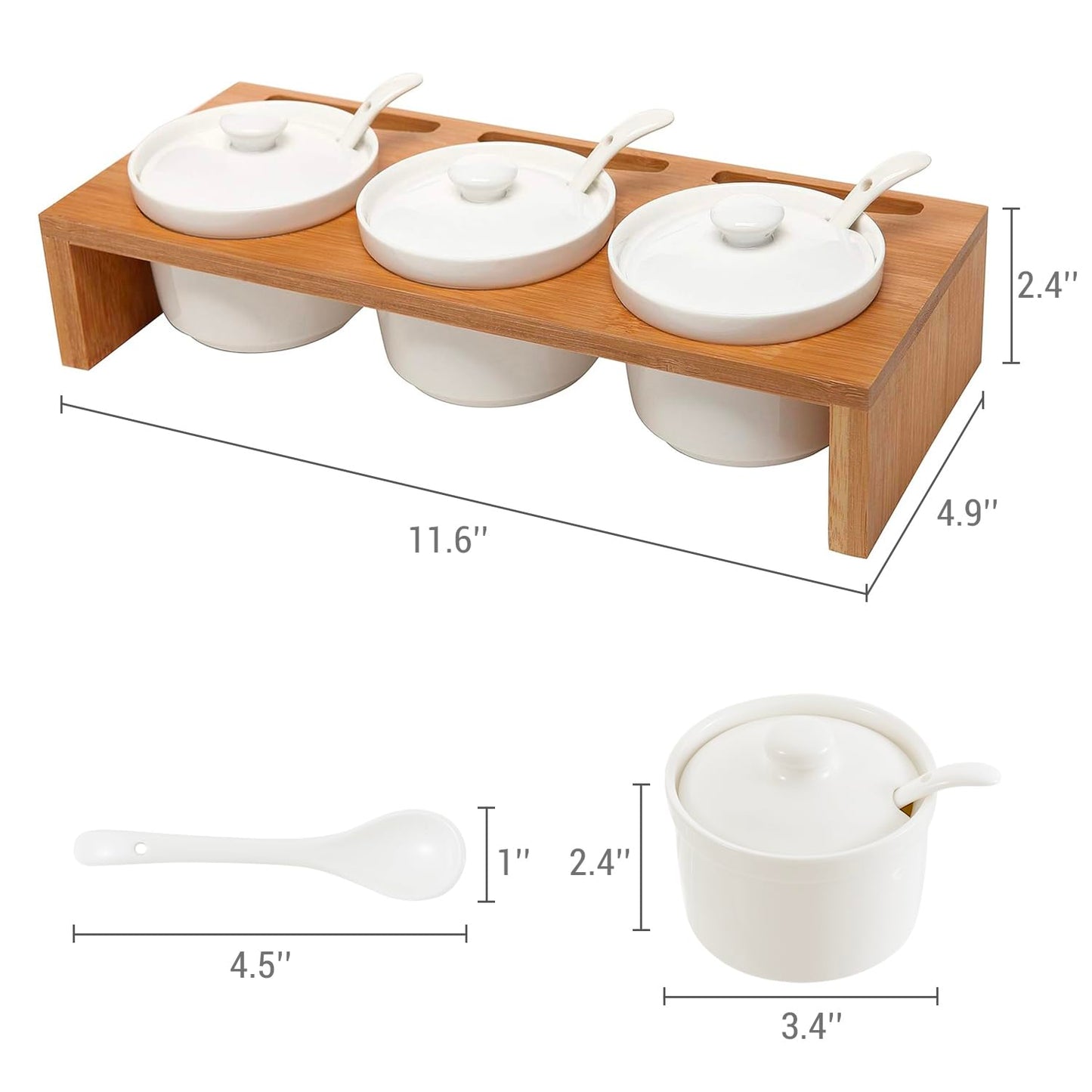 MyGift 10 Piece Condiment Pot Serving Set Includes Premium Solid Bamboo Wood Raised Display Server Tray and 3 Ceramic Ramekin Dip Bowls with Lids and Spoons