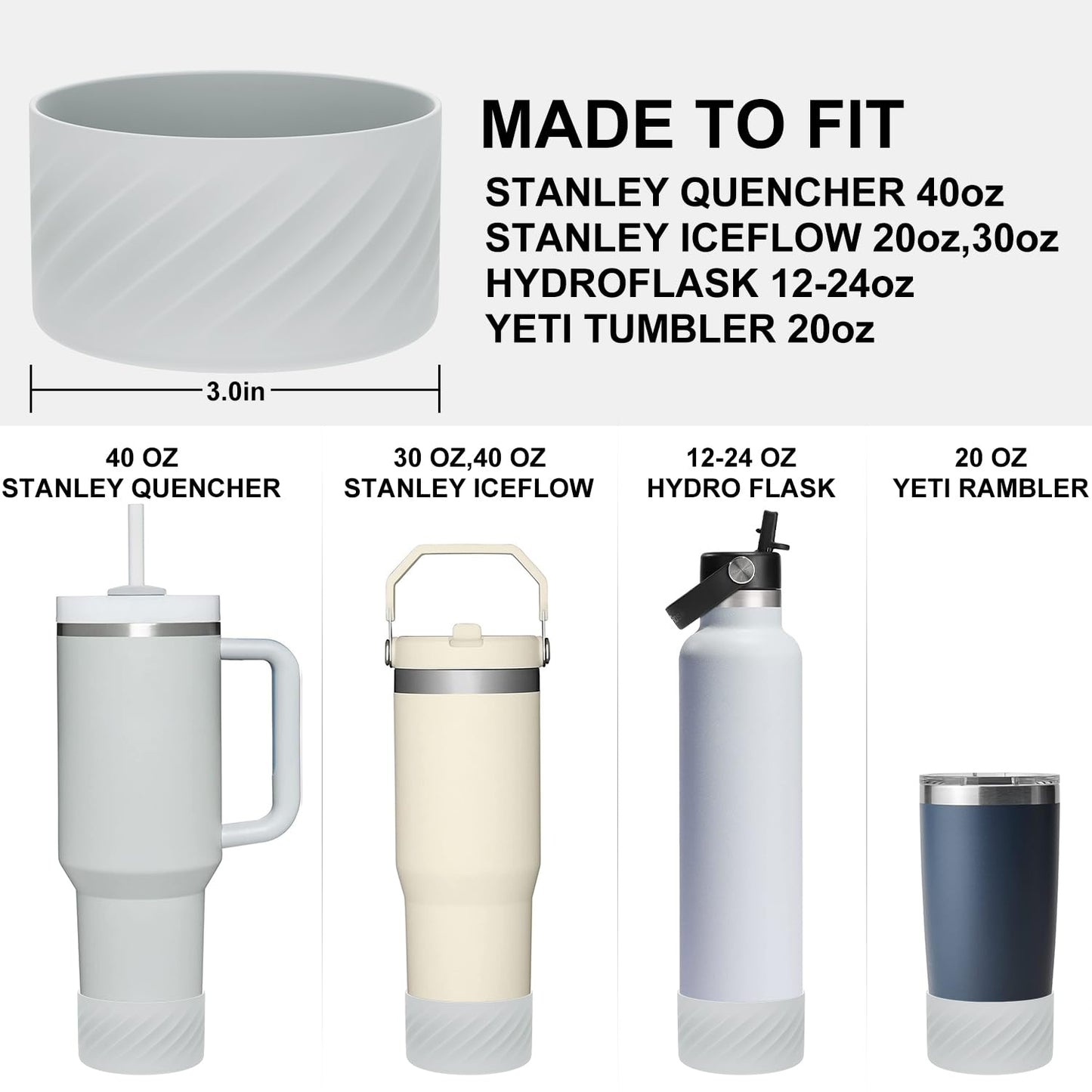Affute Protective Silicone Boot for Stanley Quencher H2.0 40 oz & IceFlow Flip 20 oz 30 oz and hydroflask 12-24 oz, Anti-Slip Bottle Bottom Sleeve Cover (Fog)