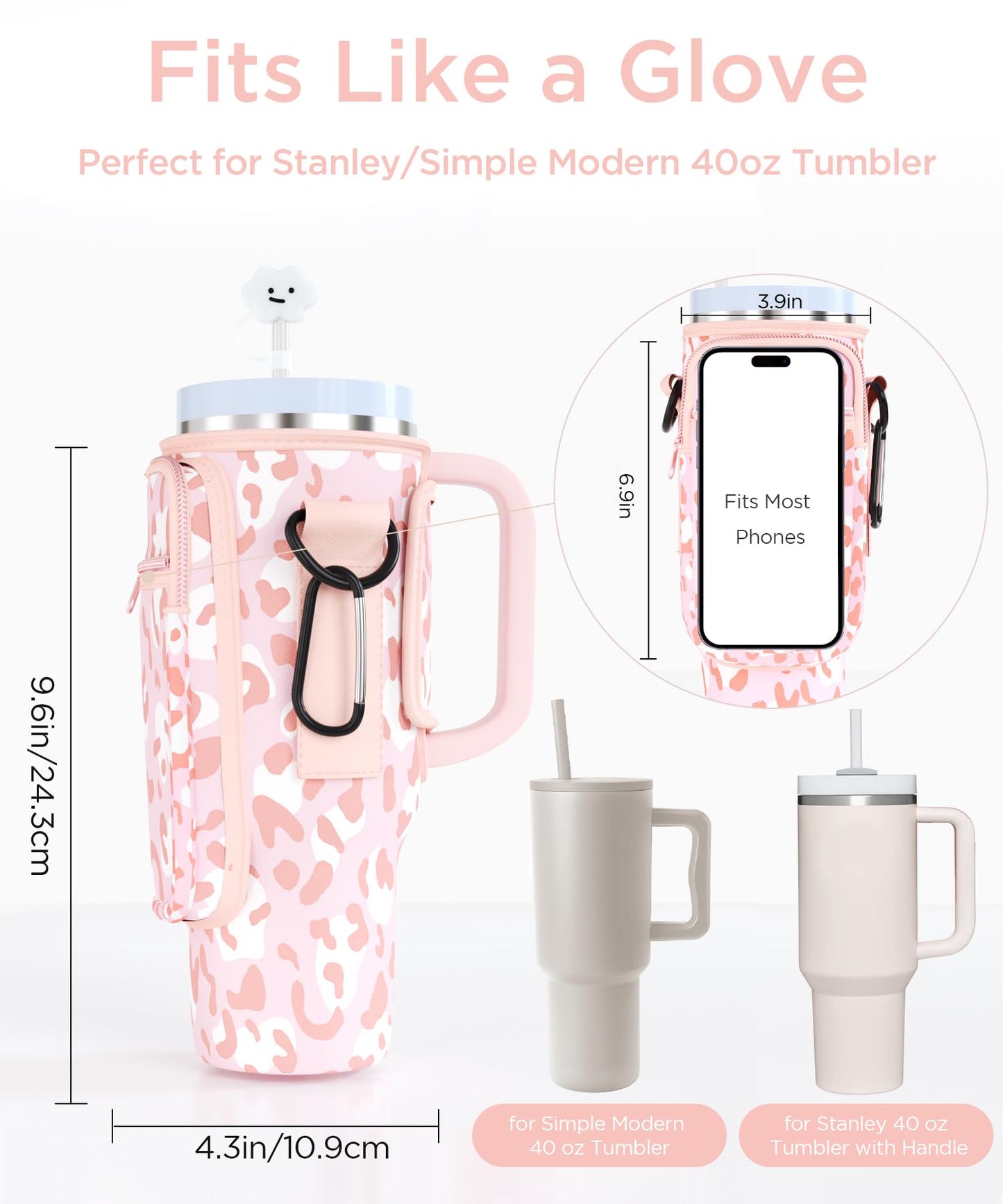 dabria Water Bottle Bag with Phone Pocket for Stanley 40 OZ Tumbler with Handle Neoprene Water Bottle Holder Pouch with Adjustable Strap Bollus with Straw Cover & Carabiner for Stanley Cup Accessories