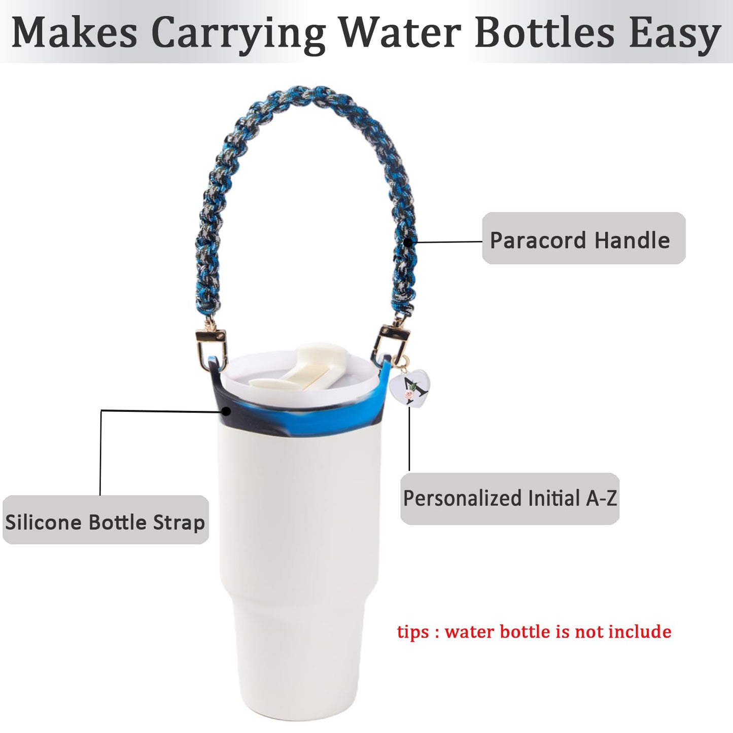 Water Bottle Handle - Personalized Name Initial A-Z Water Bottle Sling, Holder, Lanyard, Carrier,Holder with Strap - Fits Most 8-40oz Water Bottles - Compatible Stanley Cup Accessories (V, Blue&Black)