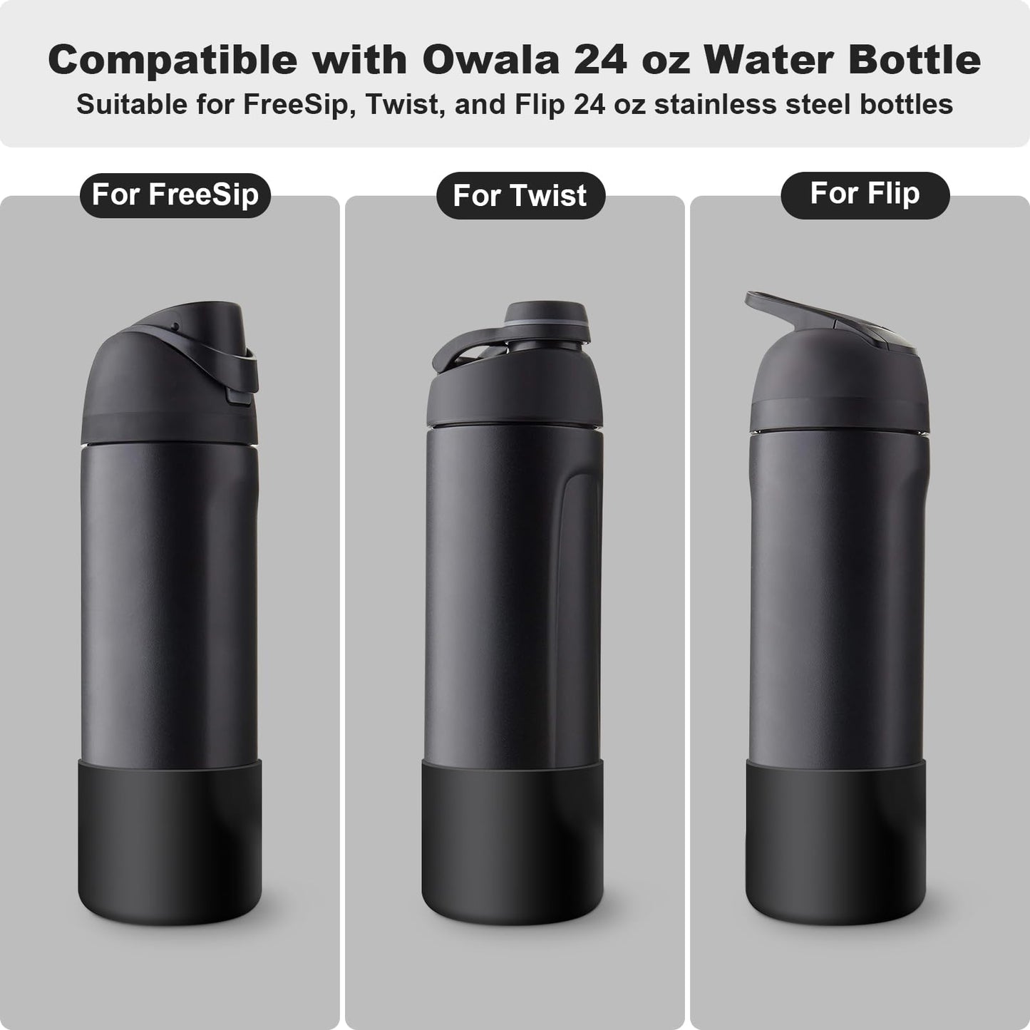 Alwenid 2PCS Silicone Water Bottle Boot for Owala 24 Oz, Anti-Slip Protective Sleeve Bottom Bumper Protector for FreeSip, Twist, and Flip Stainless Steel Water Bottles (Black)