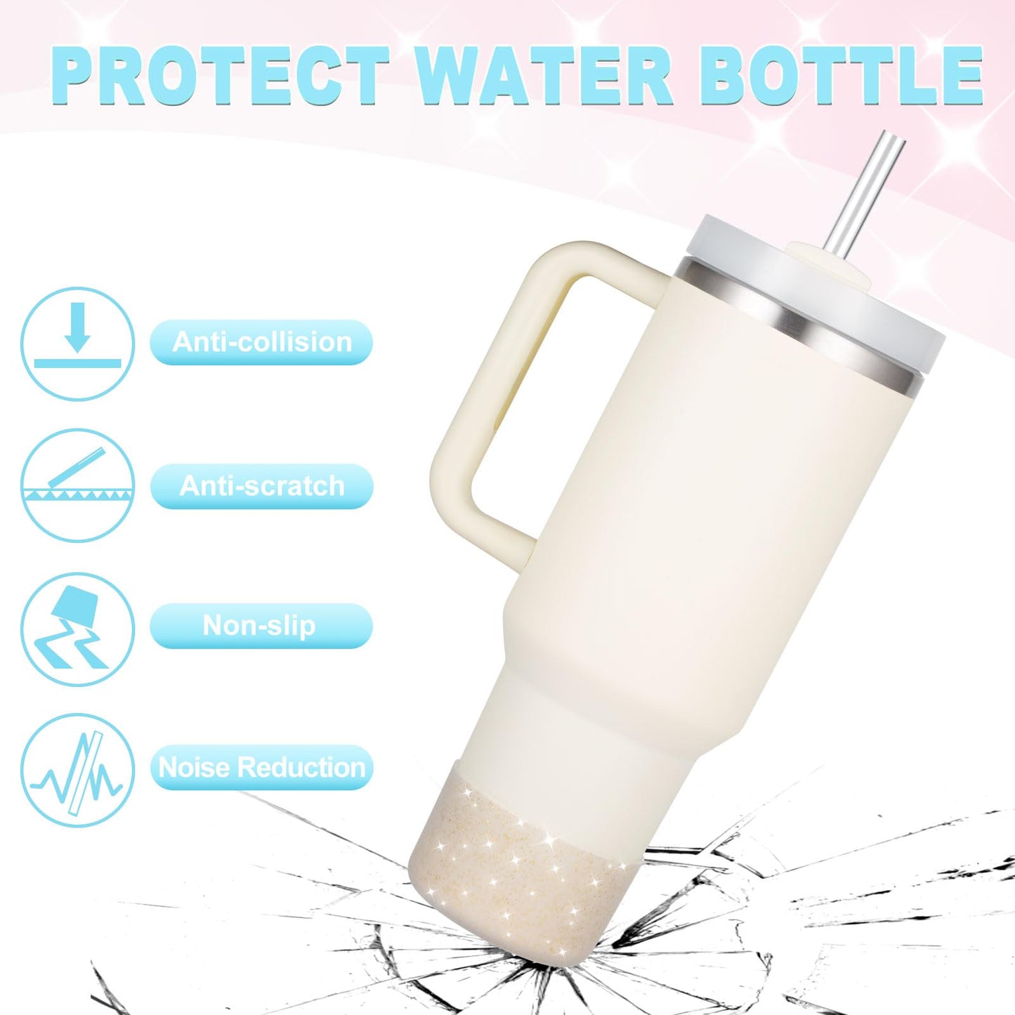 Silicone Boots for Stanley Cup 20-40 OZ, Glitter Boot for Stanley IceFlow 20 30 OZ, Bottom Protector Sleeve for Hydroflask 12-24 OZ Sports Water Bottle Boot Accessories (Ash Glitter Gold)