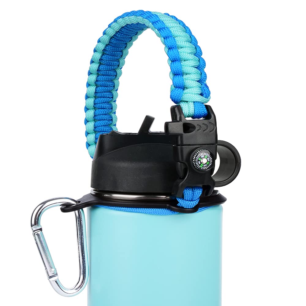 WEREWOLVES Paracord Handle - Fits Wide Mouth Bottles 12oz to 64oz - Durable Carrier, Paracord Carrier Strap Cord with Safety Ring,Compass and Carabiner - Ideal Water Bottle Handle Strap (Ocean)