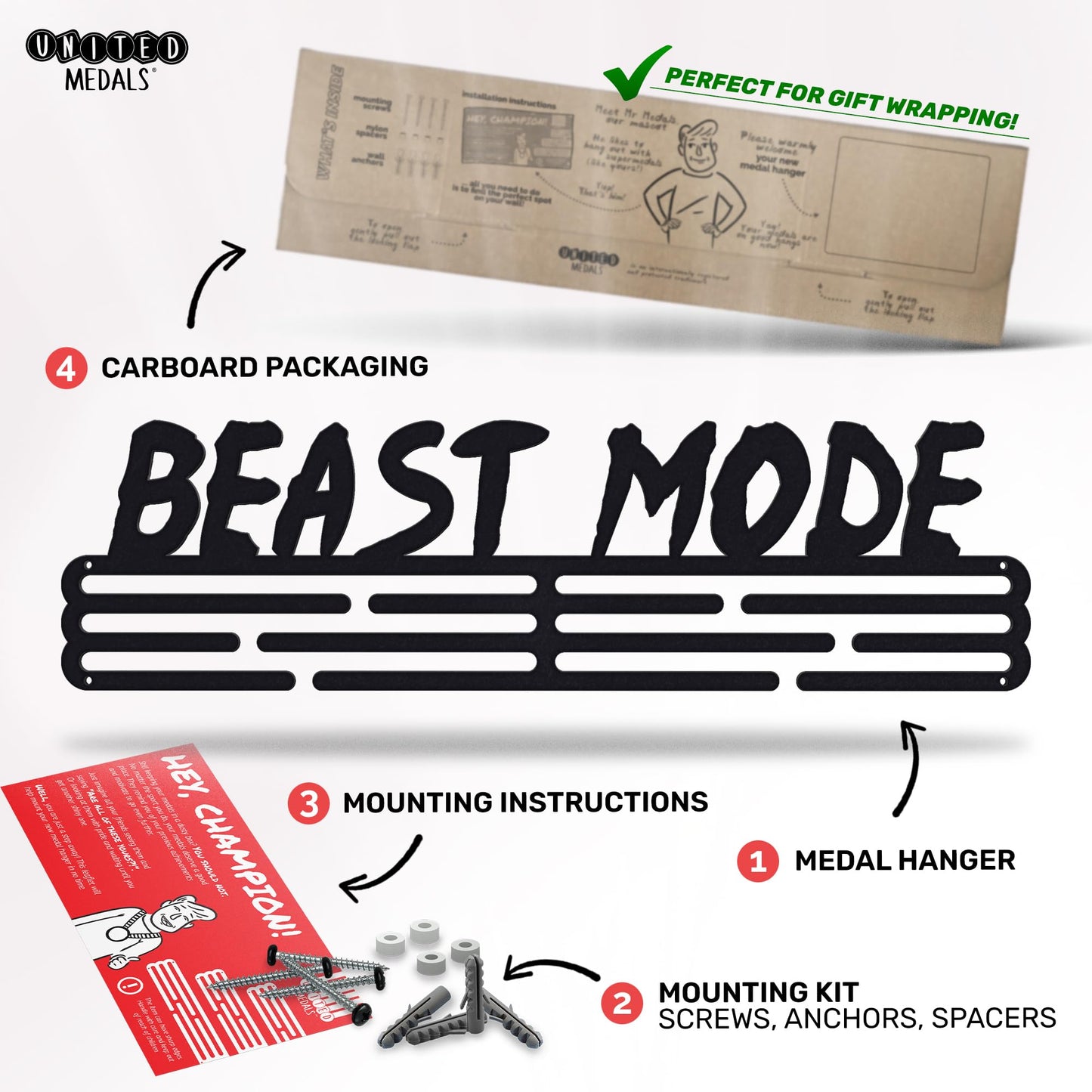Sports Medal Hanger Display Race BEAST MODE V2 | Black Race Medal Holder Awards Wall Mount | Running Marathon Race Medal Display for Wall | Steel medal holder for wall holds up to 48 Medals