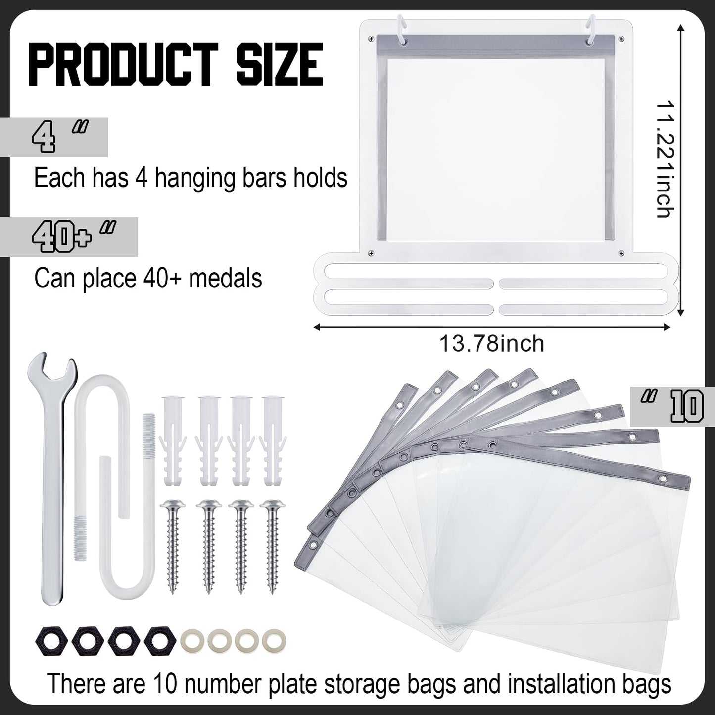 Moxweyeni Race Medal and Bib Display Medal Hanger Running Bib and Medal Holder Wall Mounted Hanging Medal Rack Holders with Bib Holder Gifts for Runners, 13.78 x 11.22 Inch (White)