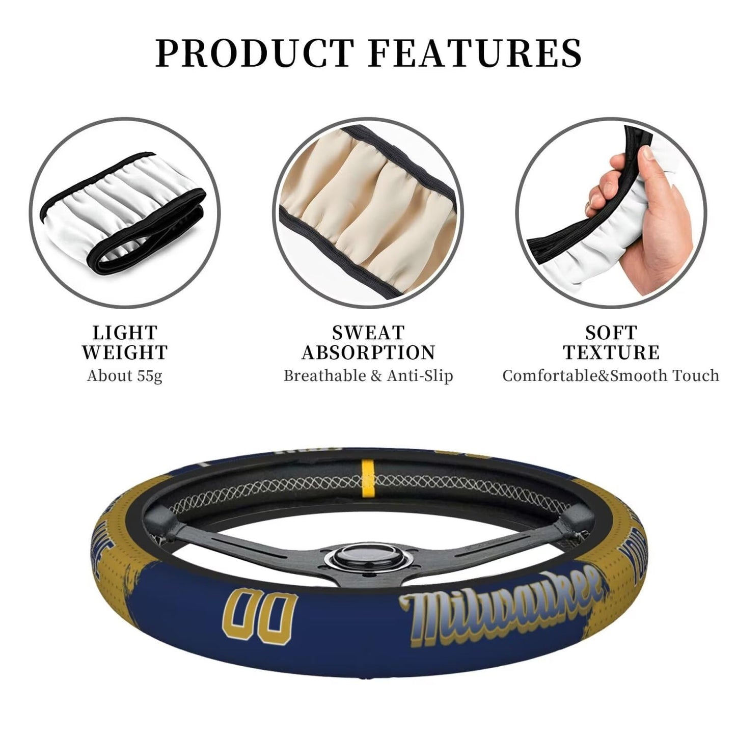 GENERIC Milwaukee Custom Car Steering Wheel Covers,Personalized Name and Number,Anti Slip Elasticity Baseball Car Accessories,Universal 15 Inch Fit Suit for Most Car,SUV,ATV,Truck.