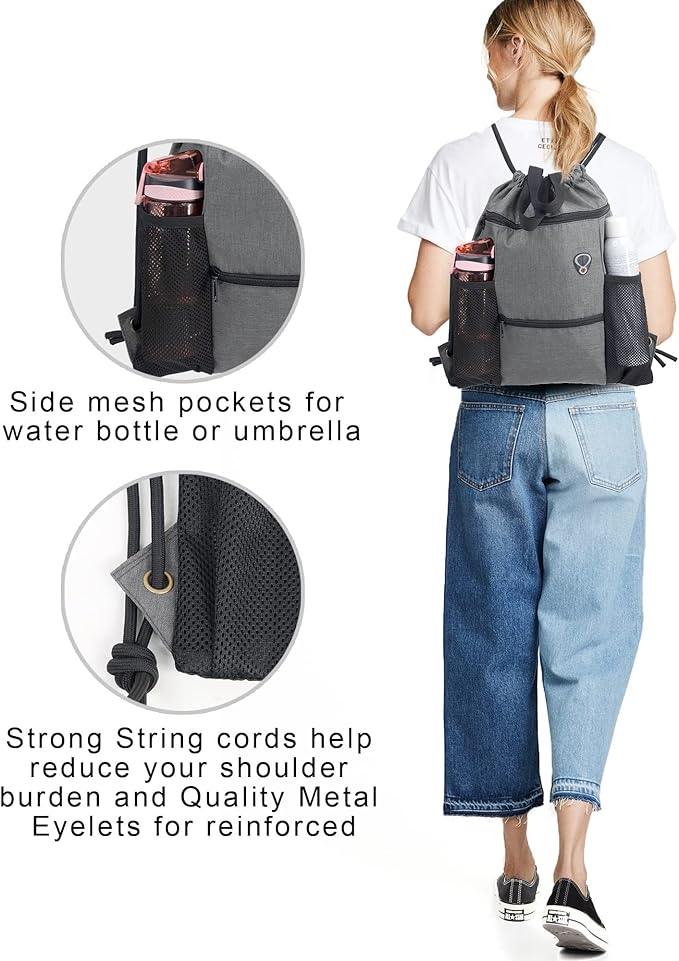 BeeGreen Drawstring Backpack Sports Gym Bag With Shoe Compartment and Two Water Bottle Holder …