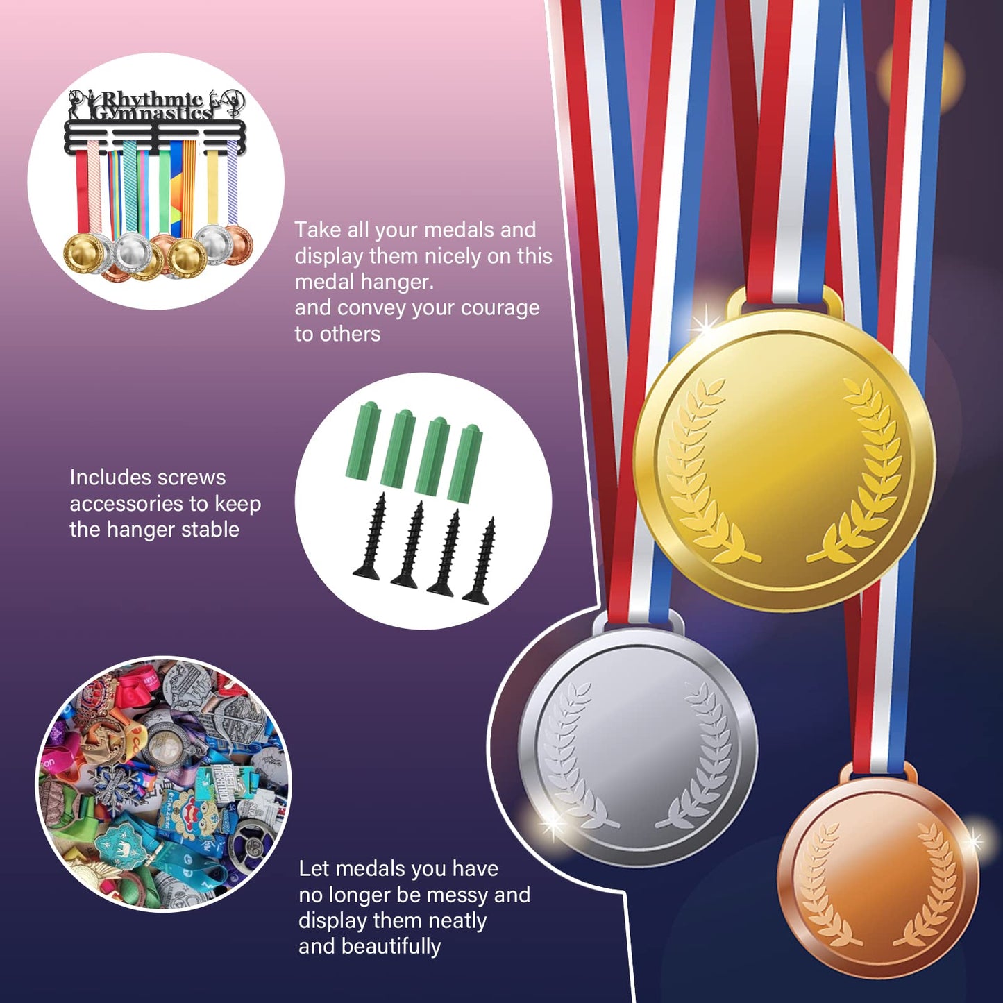 SUPERDANT Rhythmic Gymnastics Medal Hanger Women's Gymnastics Medal Holder with 12 Lines Sturdy Steel Award Display Holders for Over 60 Medals Medal Display Racks for Ribbon Lanyard
