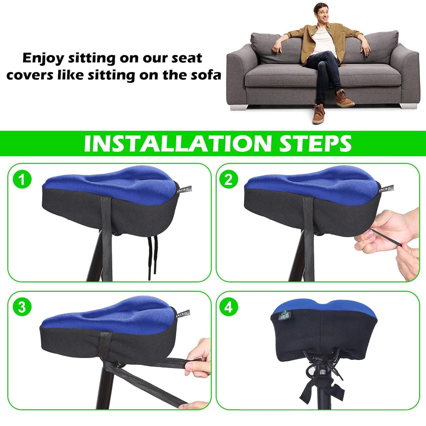Zacro Bike Seat Cushion - Padded Gel Bike Seat Cover for Men & Womens Comfort, Compatible with Peloton, Stationary Exercise or Cruiser Bicycle Seats, 11 x 7 inches
