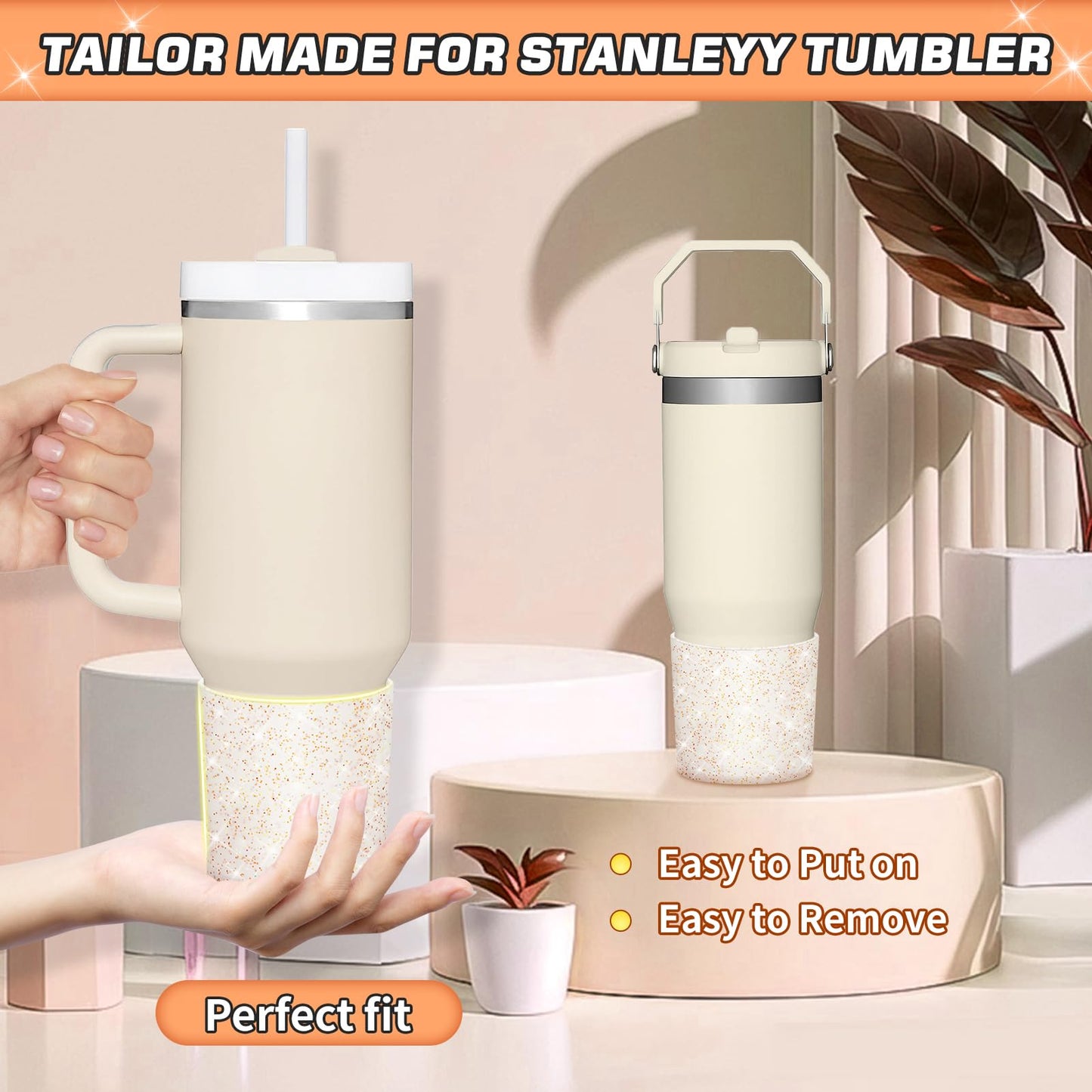 WUQID Glitter Higher Silicone Boot Compatible with Stanley Quencher H2.0 40oz 30oz 20oz & IceFlow Flip 30oz 20oz, Tumbler Cups Anti-Slip Bottom Sleeve Cover