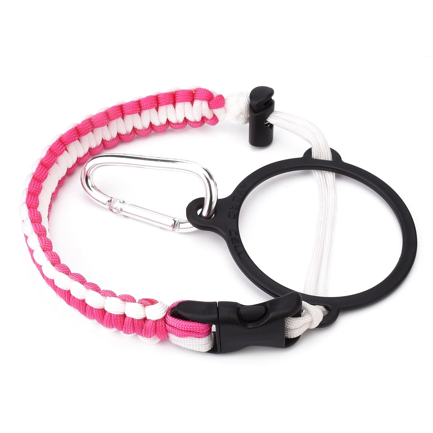 HYDRO CELL Paracord Handle for Wide Mouth Water Bottles - Carrier Strap w/Attachment Ring and Carabiner Accessory. Compatible w/ 64oz, 40oz 32oz, 24oz, 18oz, 14oz Insulated Bottles (Fuchsia/White)