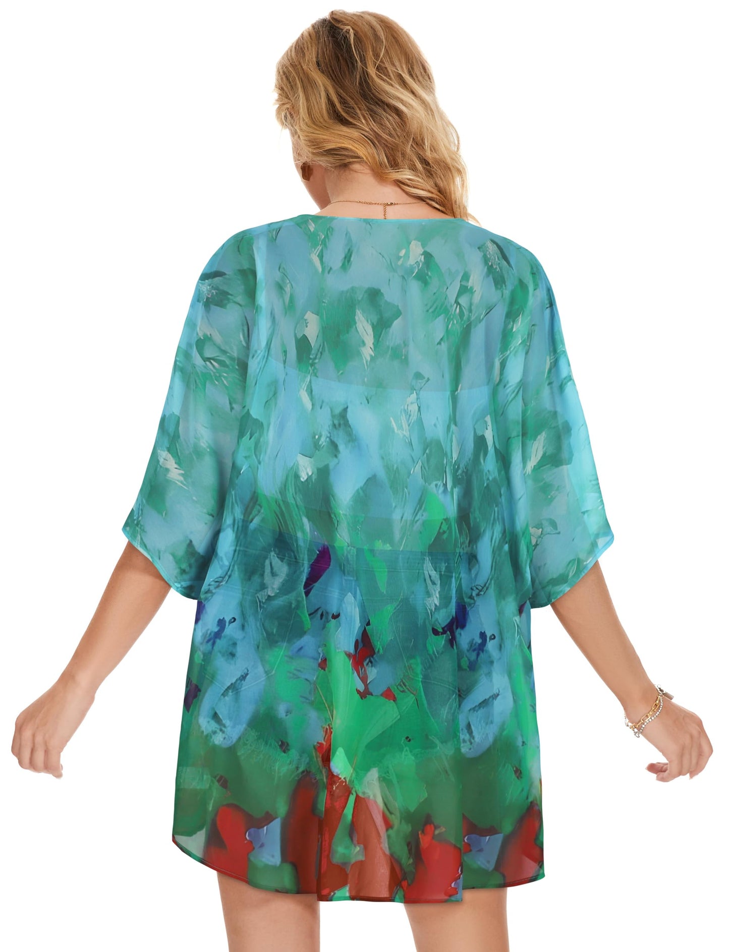 Womens Short Cardigans Casual Oversized Open Front Kimono Tops Bathings Suit Cover-ups (Teal Blue Print, S)