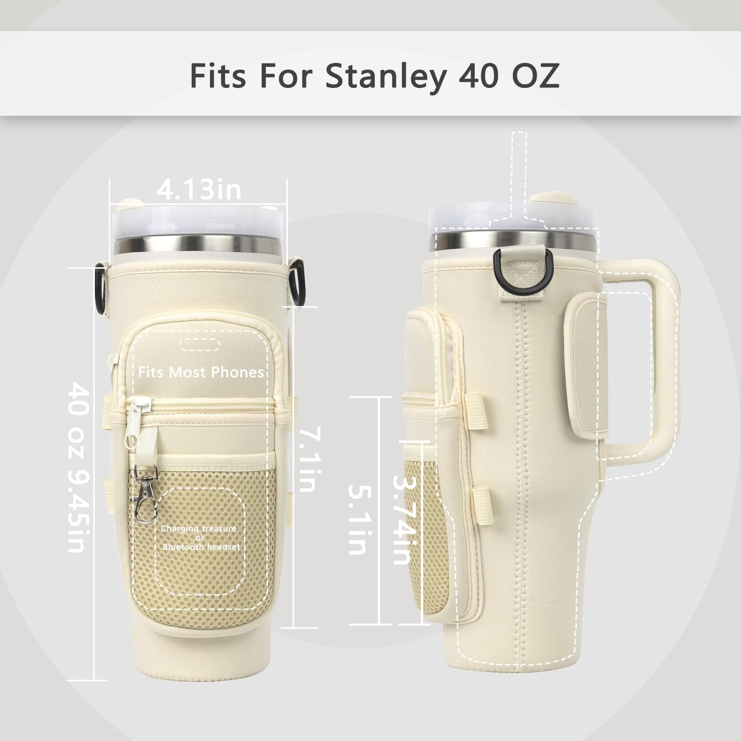 Water Bottle Carrier Bag with Phone Pocket for Stanley 40 oz Tumbler Neoprene Water Bottle Holder Pouch with Straw Toppers with Elastic Band for Holding Straws for Stanley Cup Accessories (Cream)