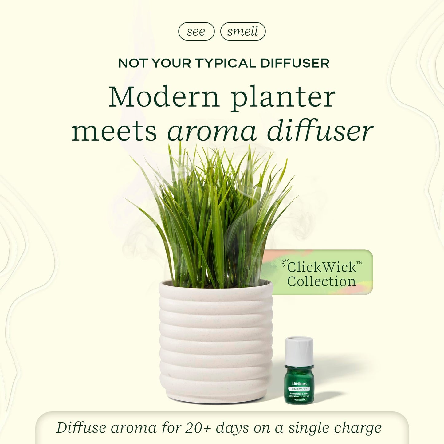 Lifelines Plant Diffuser with Modern Planter, Grass - Rechargeable Aromatherapy Diffuser, Artificial Faux Plants Home & Office - ClickWick Essential Oil Blend Included