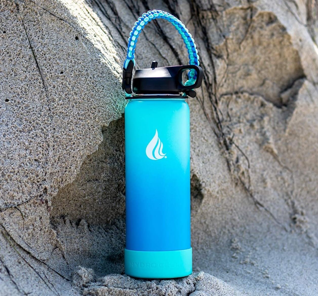 HYDRO CELL Paracord Handle for Wide Mouth Water Bottles - Carrier Strap w/Attachment Ring and Carabiner Accessory. Compatible w/ 64oz, 40oz 32oz, 24oz, 18oz, 14oz Insulated Bottles (Blue/Teal)
