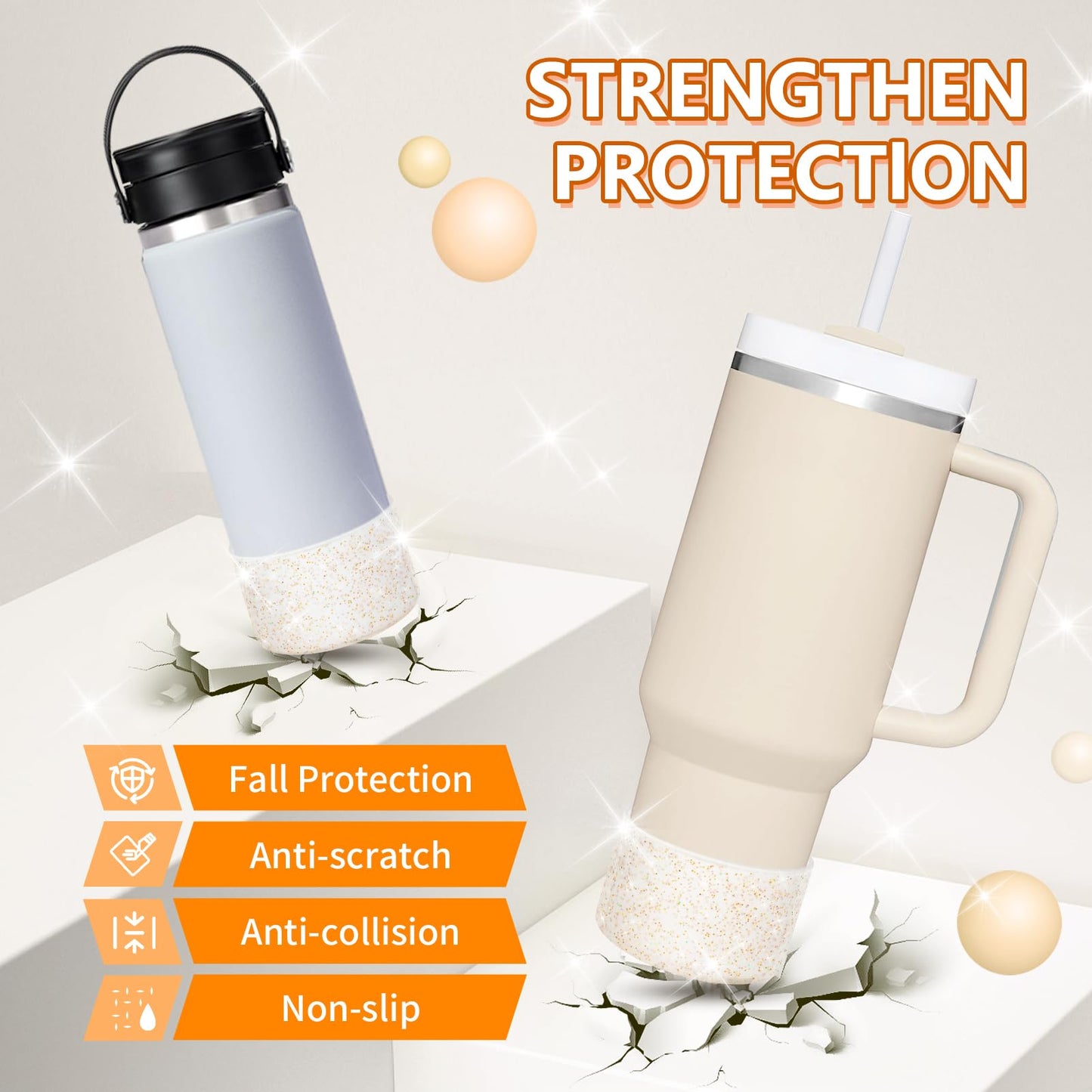 WUQID 2 Pack Bling Silicone Boot Compatible with Stanley Quencher Adventure 40oz & Stanley IceFlow 20oz 30oz, Reduces Dents Protective Silicone Water Bottle Bottom Cover Sleeve