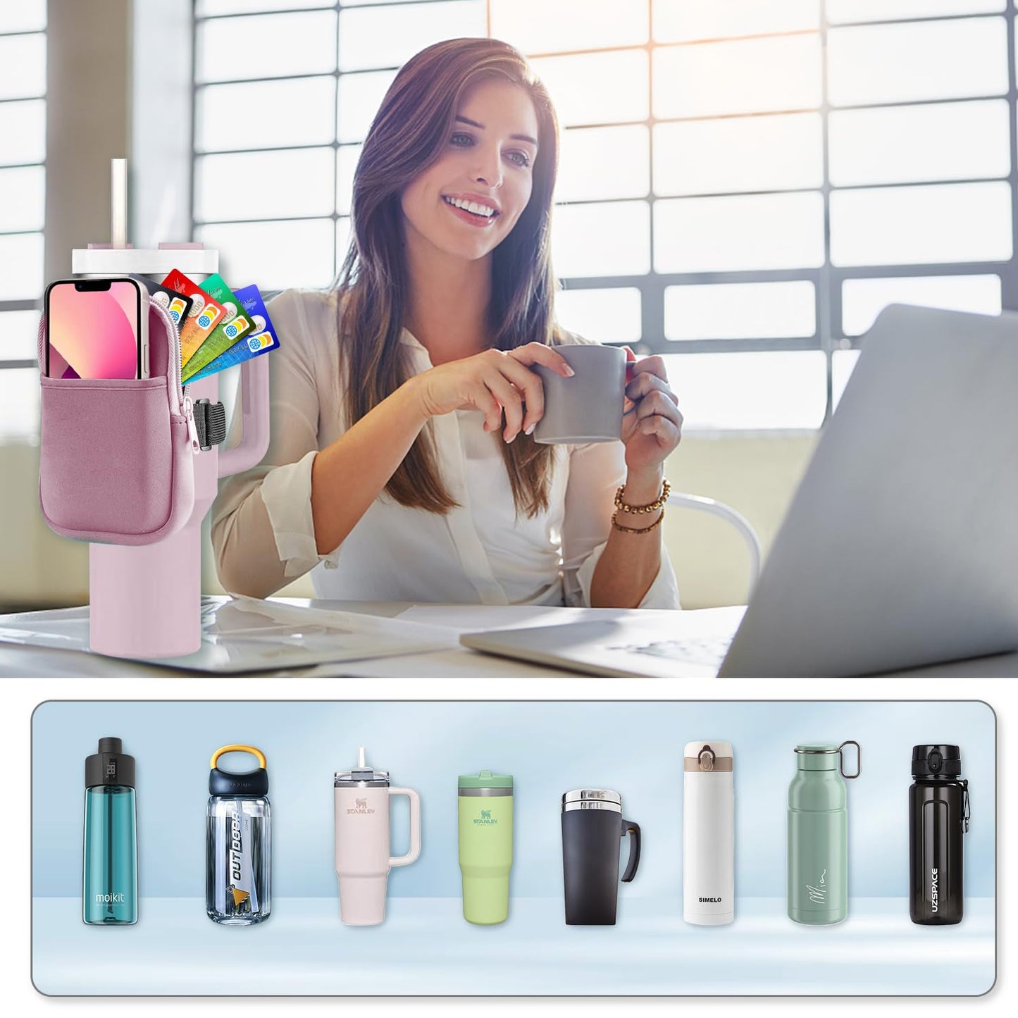 Multifunctional Water Bottle Pouch for Stanley Cups with Adjustable Strap, Gym Accessories for Women, Sports Water Bottle Accessories, Tumbler Pouch for Cards, Keys, Wallet, Earphone, etc